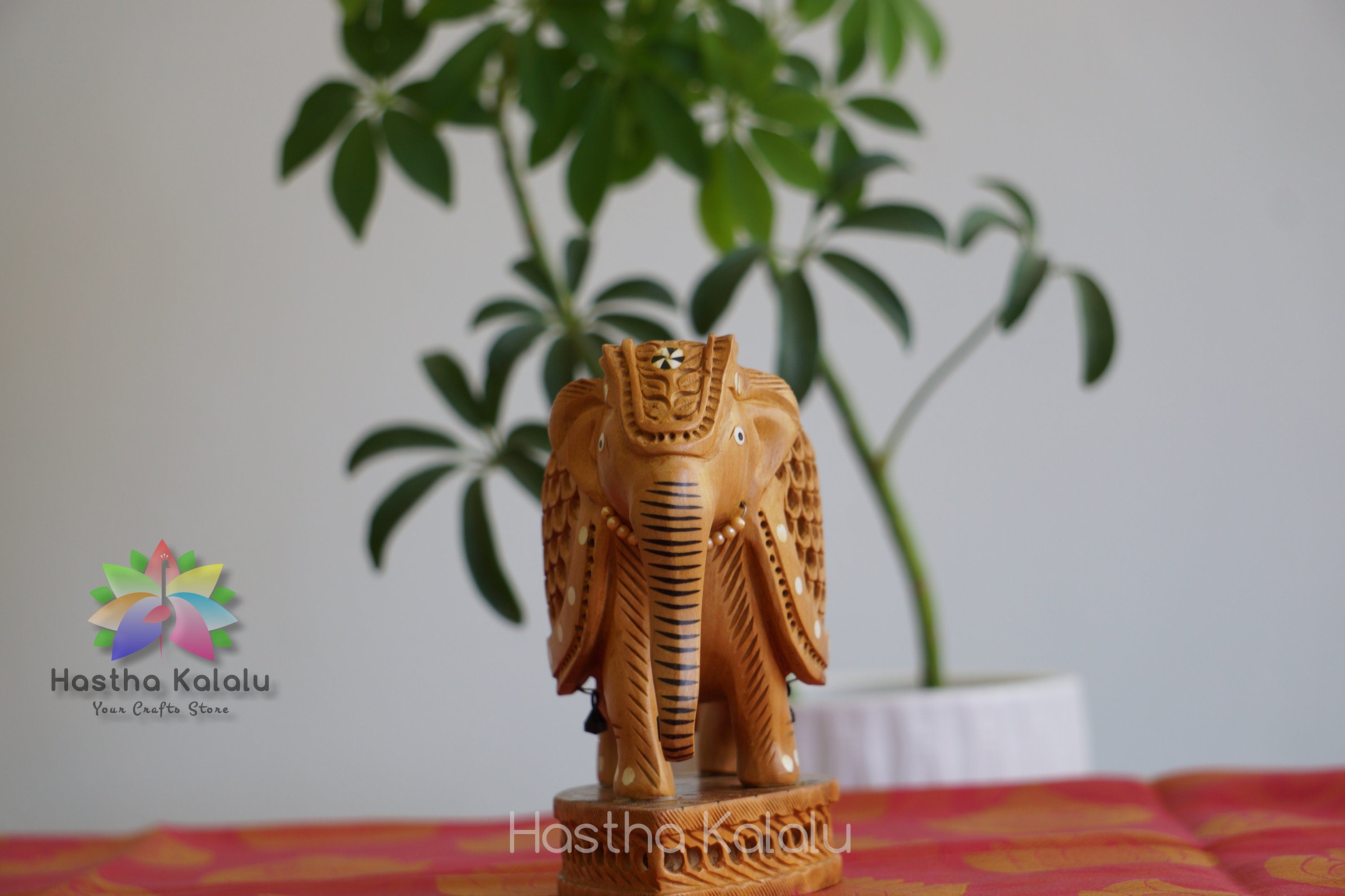 Handmade Undercut Wood Carved Stone Studded Elephant Statue