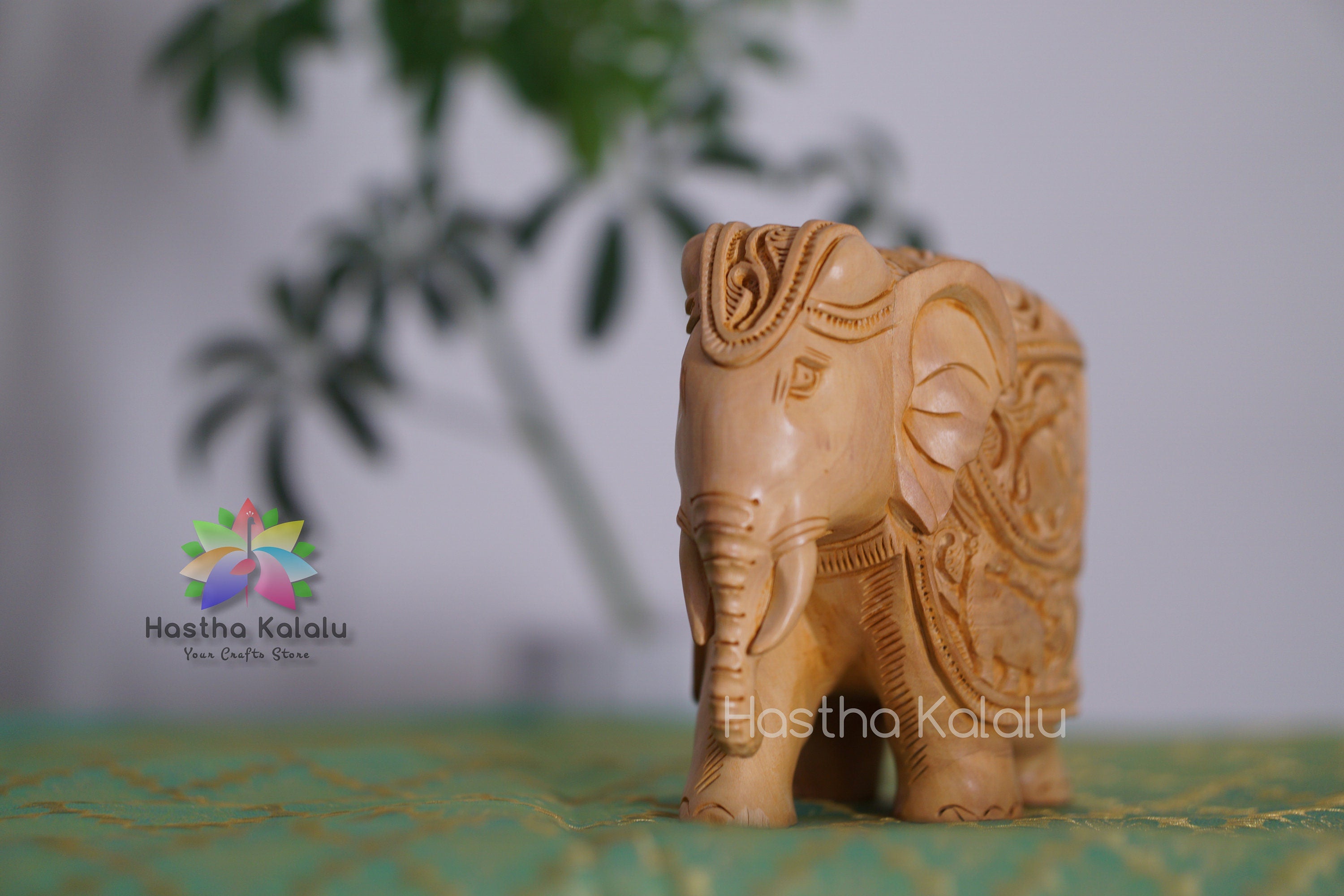 Hand Carved Wooden Elephant Sculpture in Shikar Work