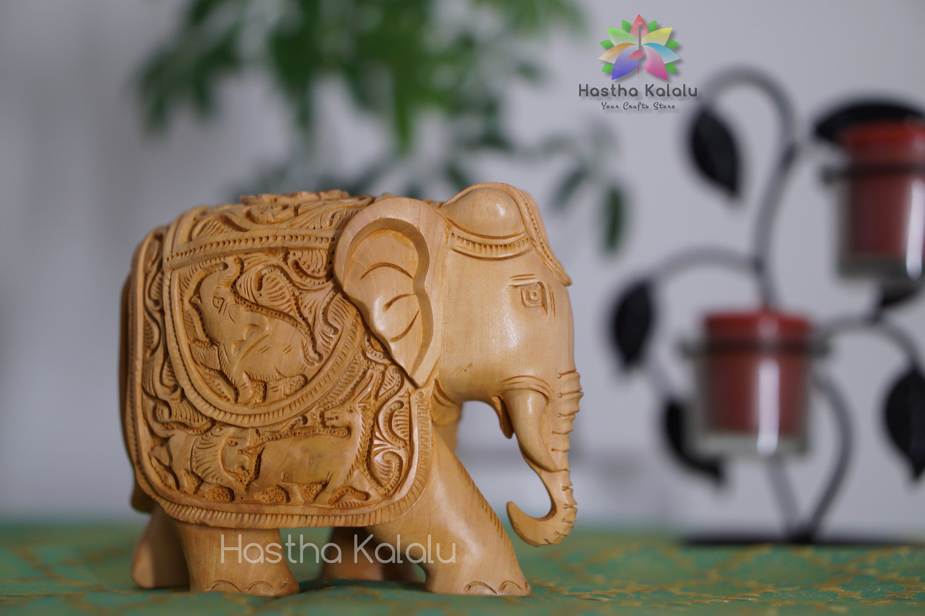Hand Carved Wooden Elephant Sculpture in Shikar Work
