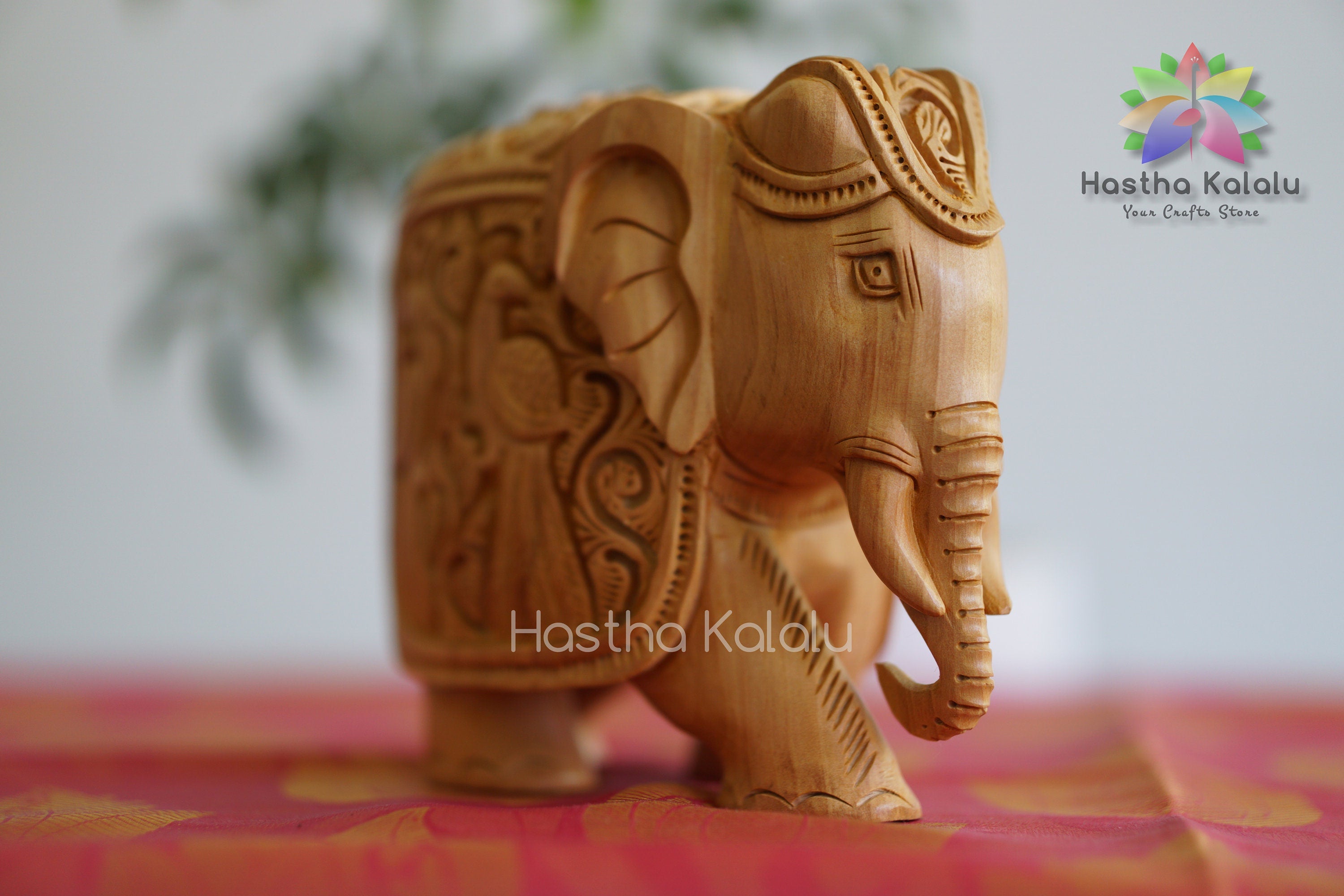 Indian Hand Carved Wooden Elephant Sculpture in Shikar Work