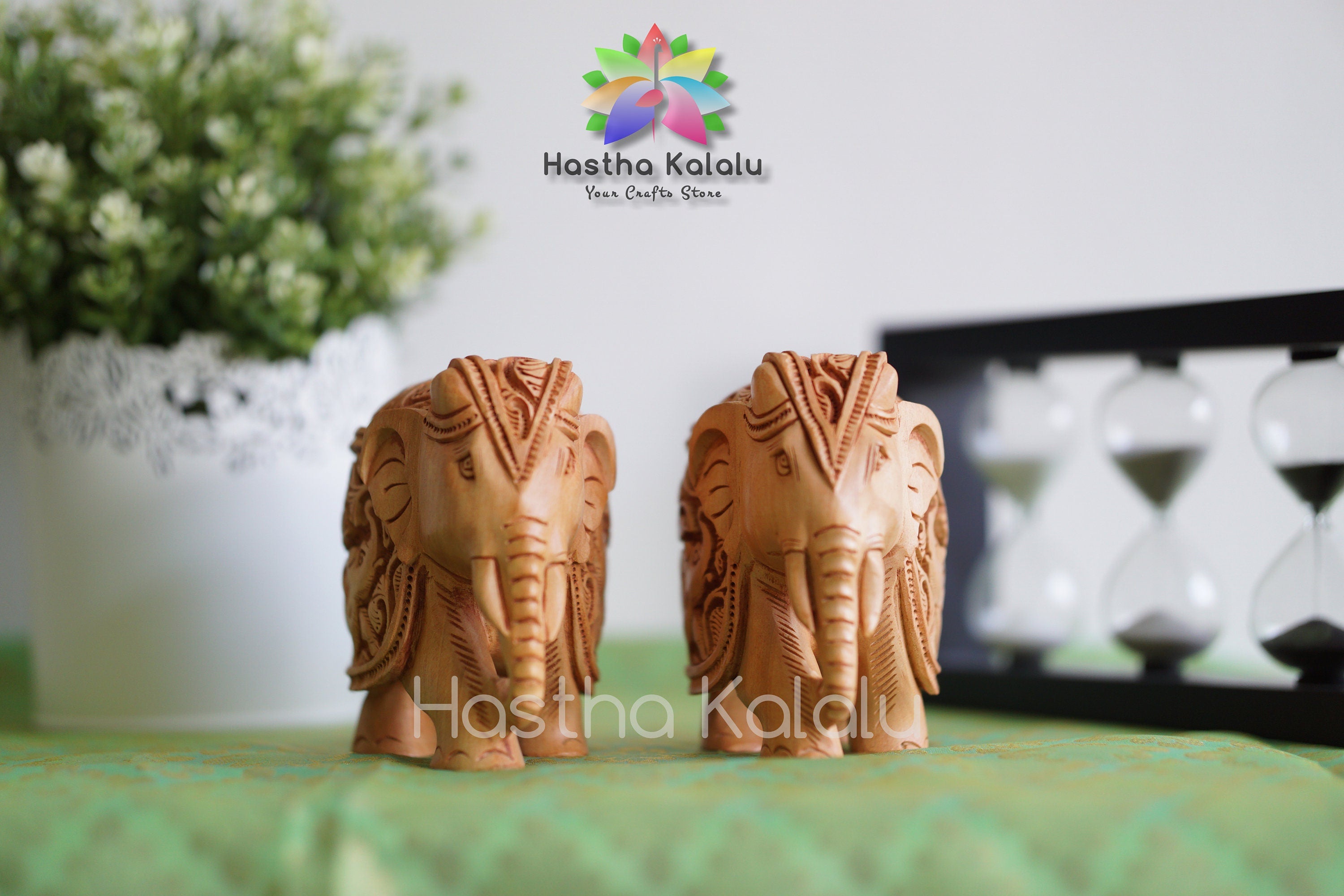 Indian Hand Carved Wooden Elephant Sculpture Caparison Diligently Hand Carved in Shikar Work
