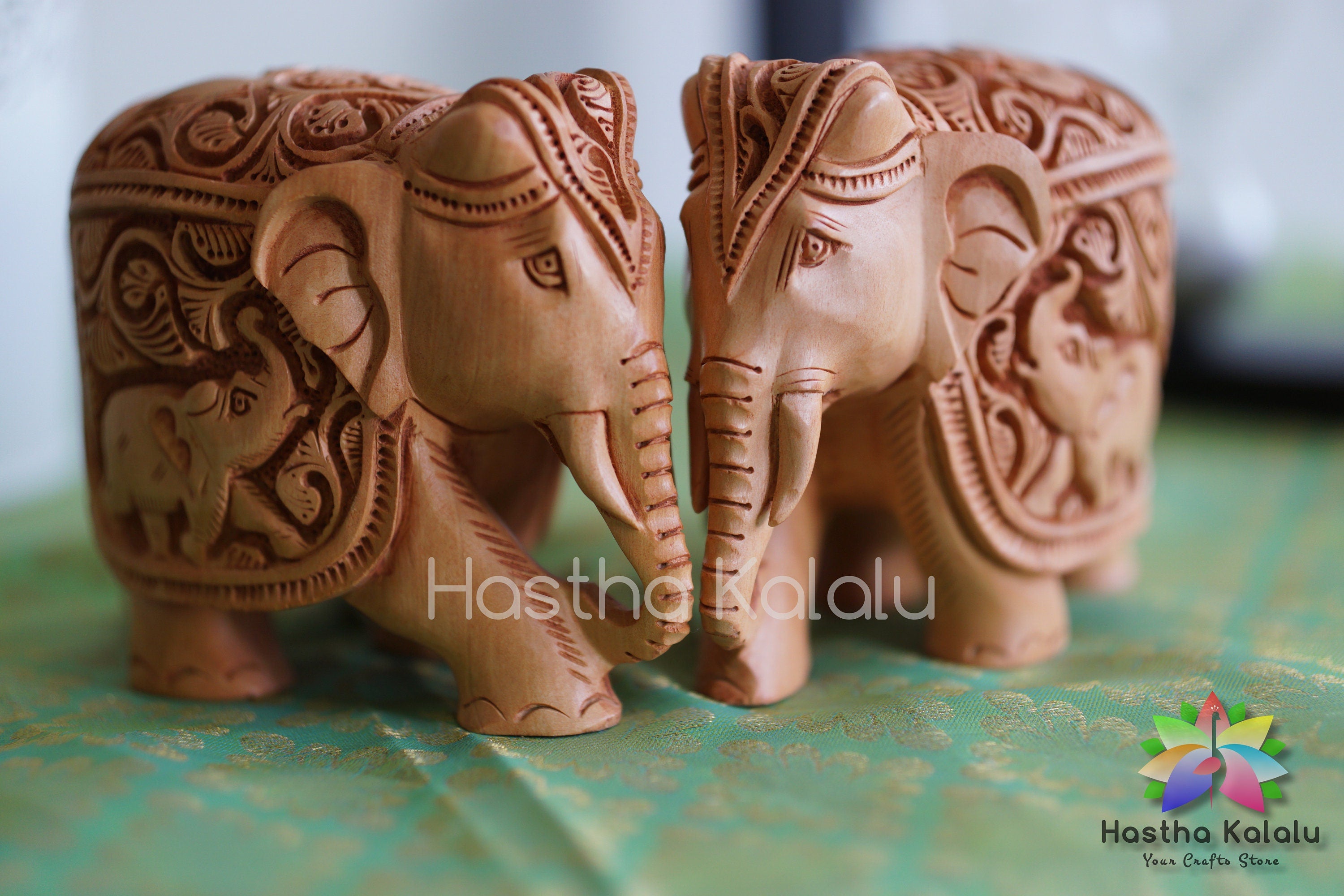 Indian Hand Carved Wooden Elephant Sculpture Caparison Diligently Hand Carved in Shikar Work