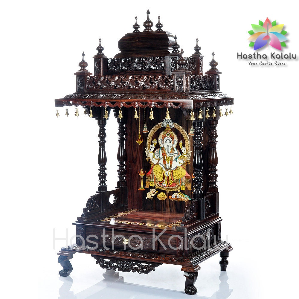 Temple Ajathasatru en bois de rose avec Ganesha incrusté, fabriqué sur commande