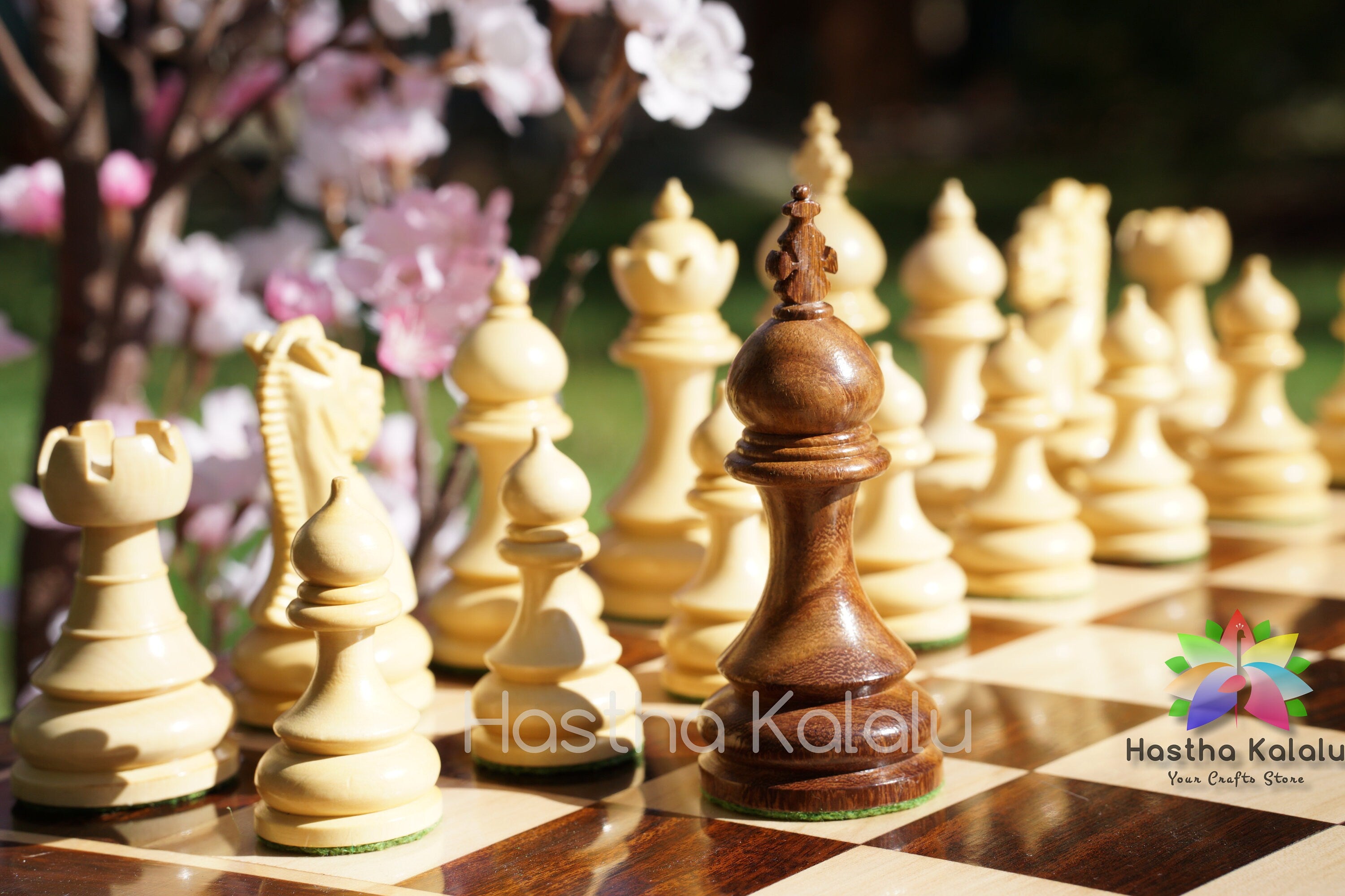 Anjan Wood Board with Hand Carved Weighted Rosewood Chess Set with King 4.0" (Combo, Board + Pieces)