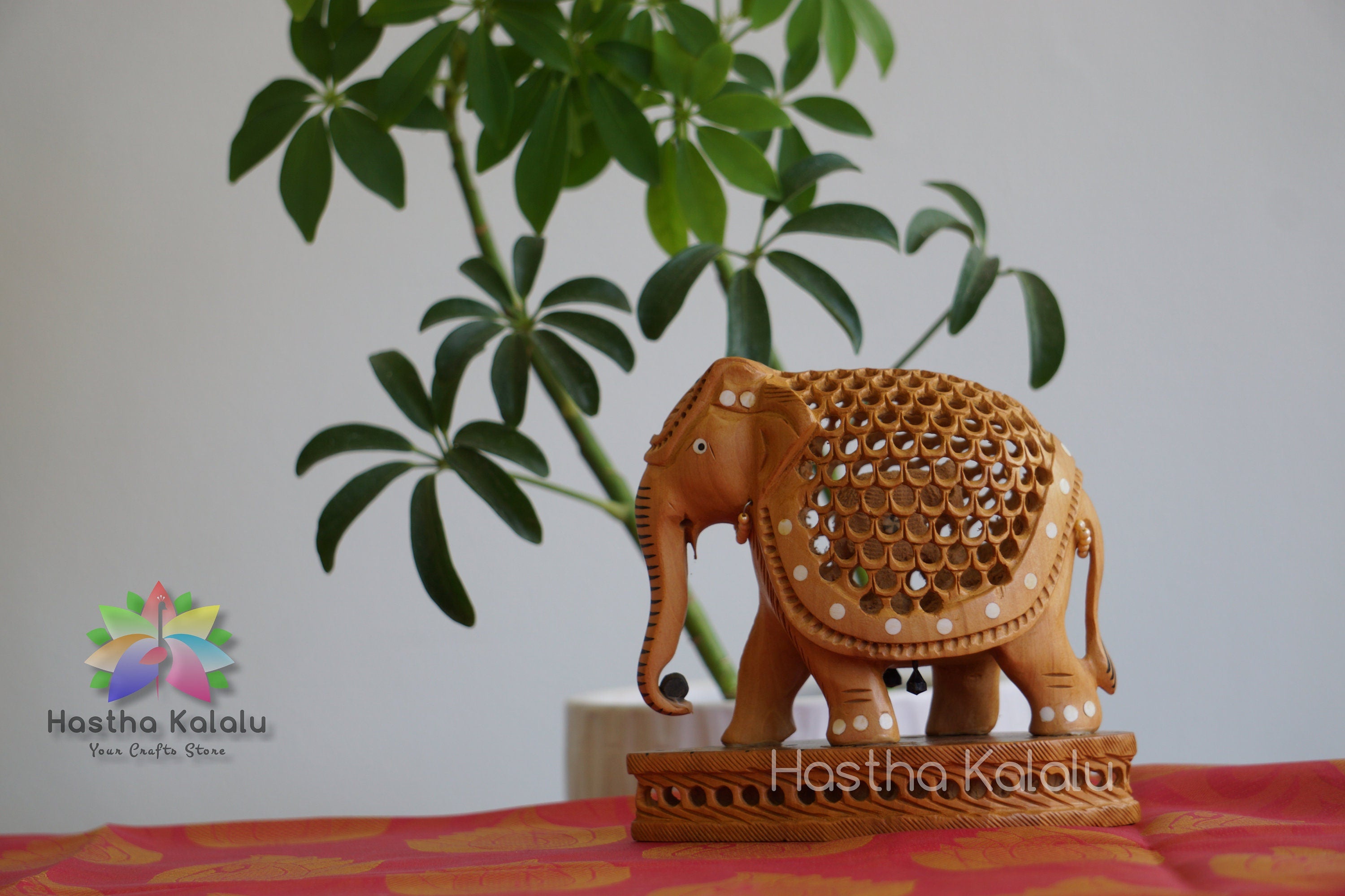 Handmade Undercut Wood Carved Stone Studded Elephant Statue