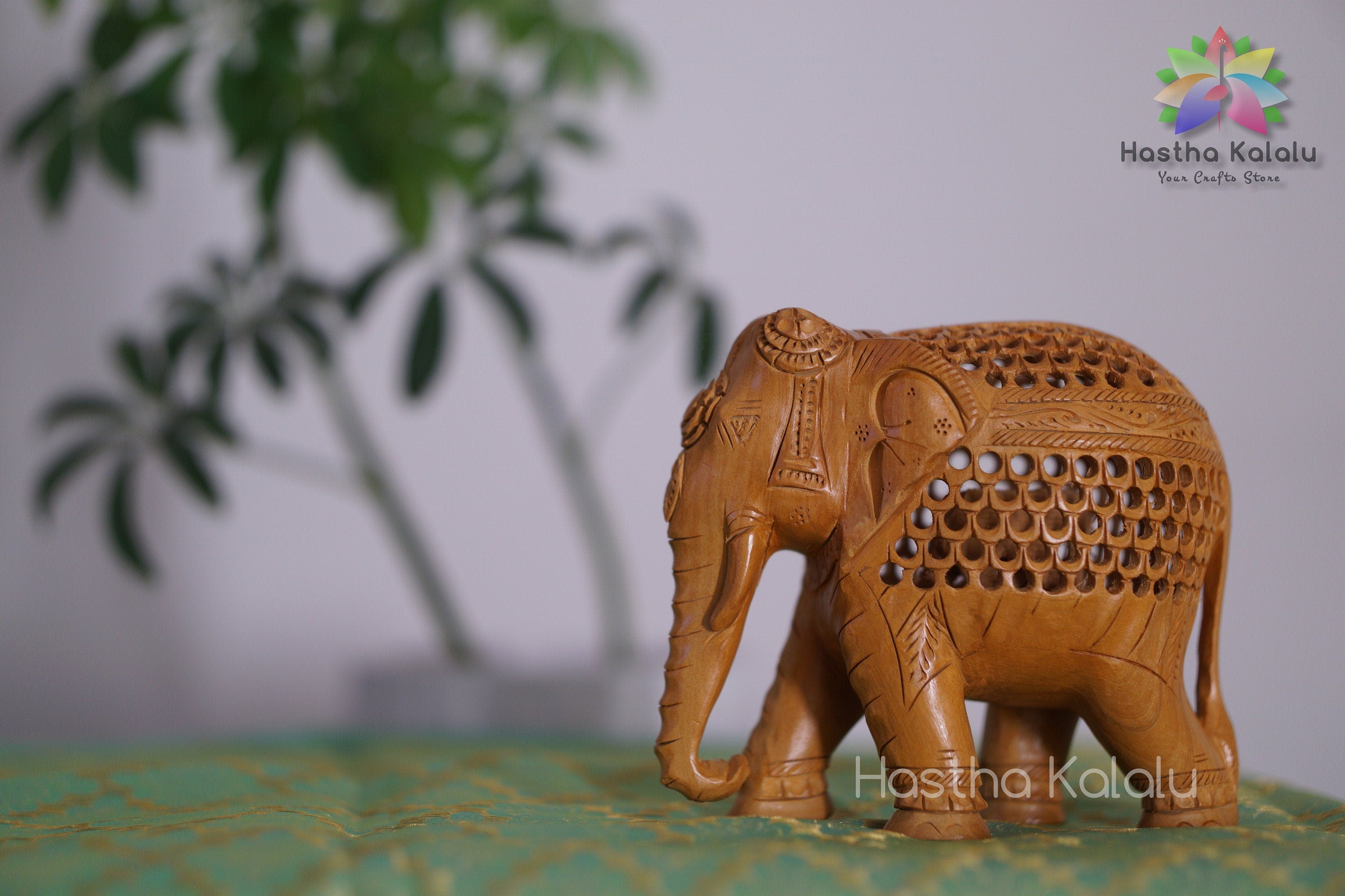 Handmade Undercut Wood Carved Elephant Figurine