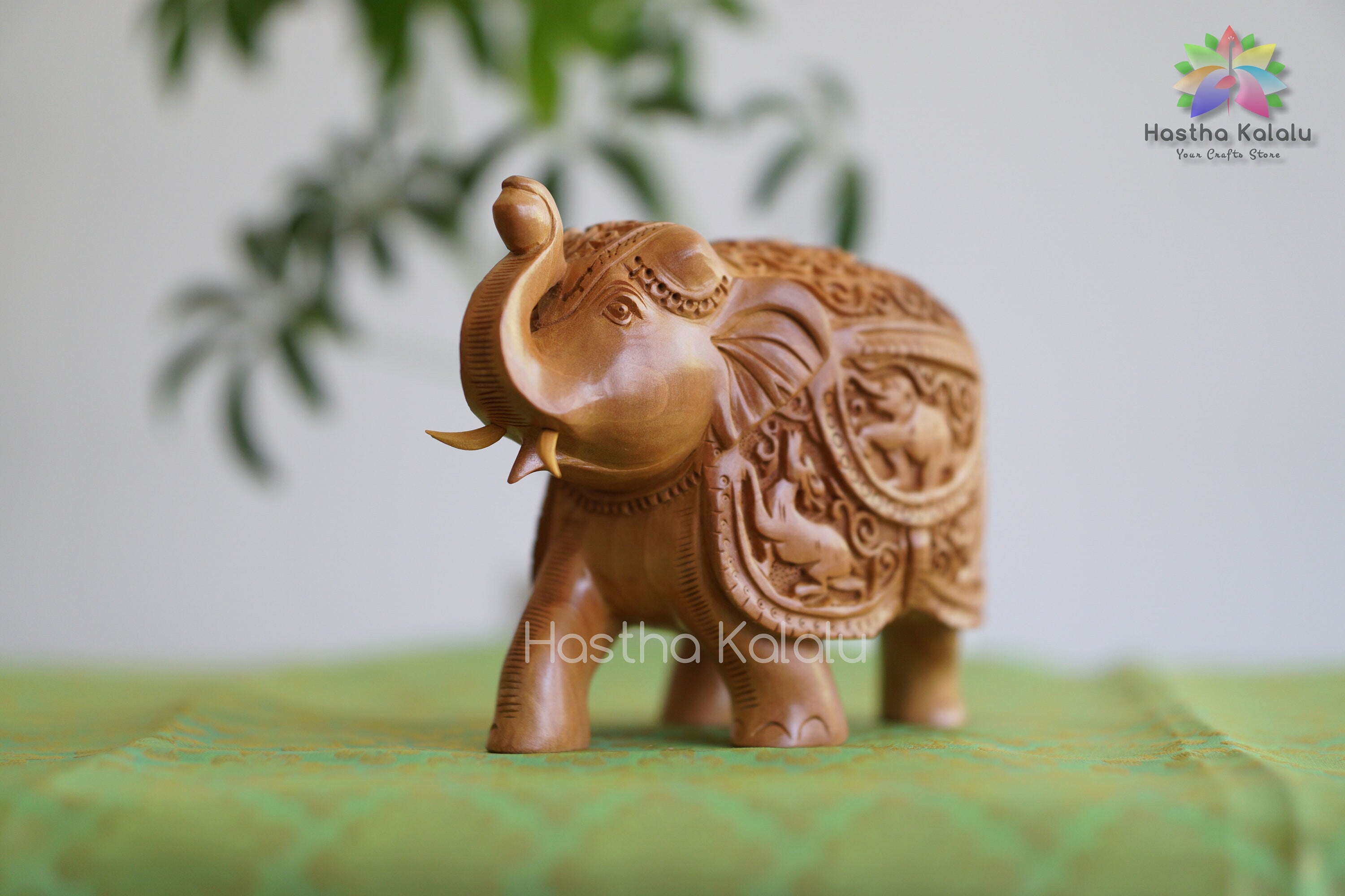Indian Hand Carved Wooden Elephant Sculpture in Shikar Work