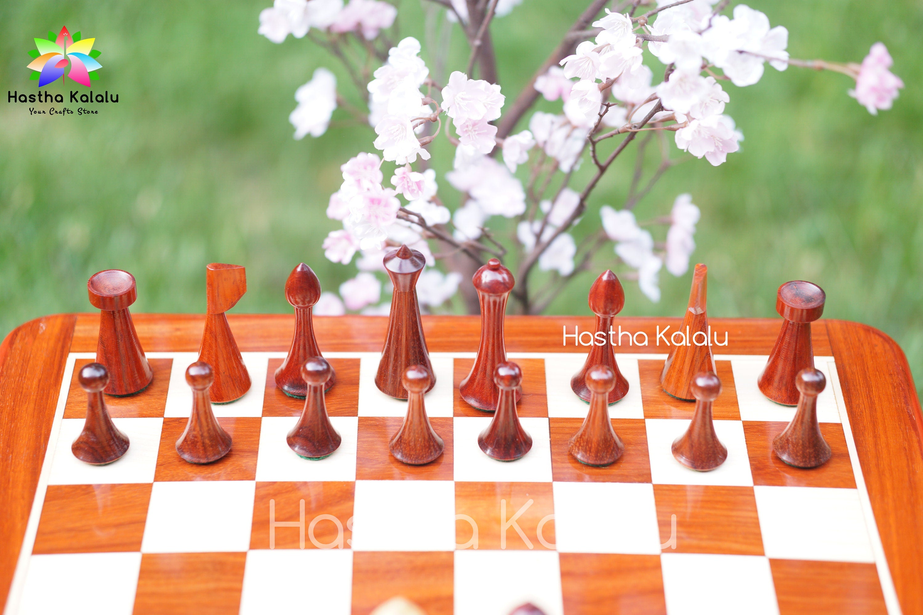 Reproduced Hermann Ohme Budrosewood Chess Pieces with 19" Padauk Chess Board