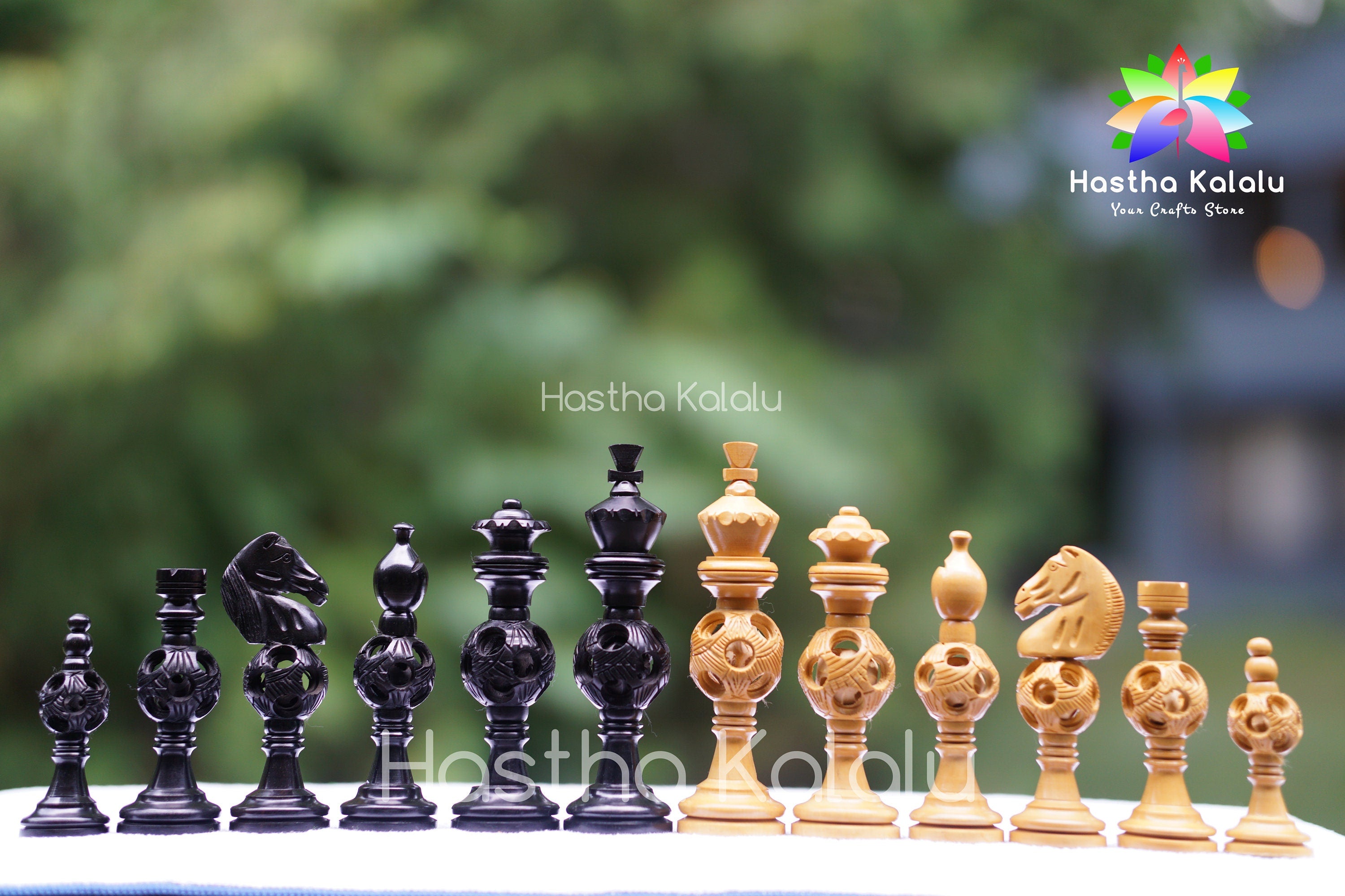 6" Gigantic Globe Series in Jalli Style Hand Carved Chess Pieces - Ebonized Boxwood / Christmas Gift/Valentine's day Gift/Mothers day Gift