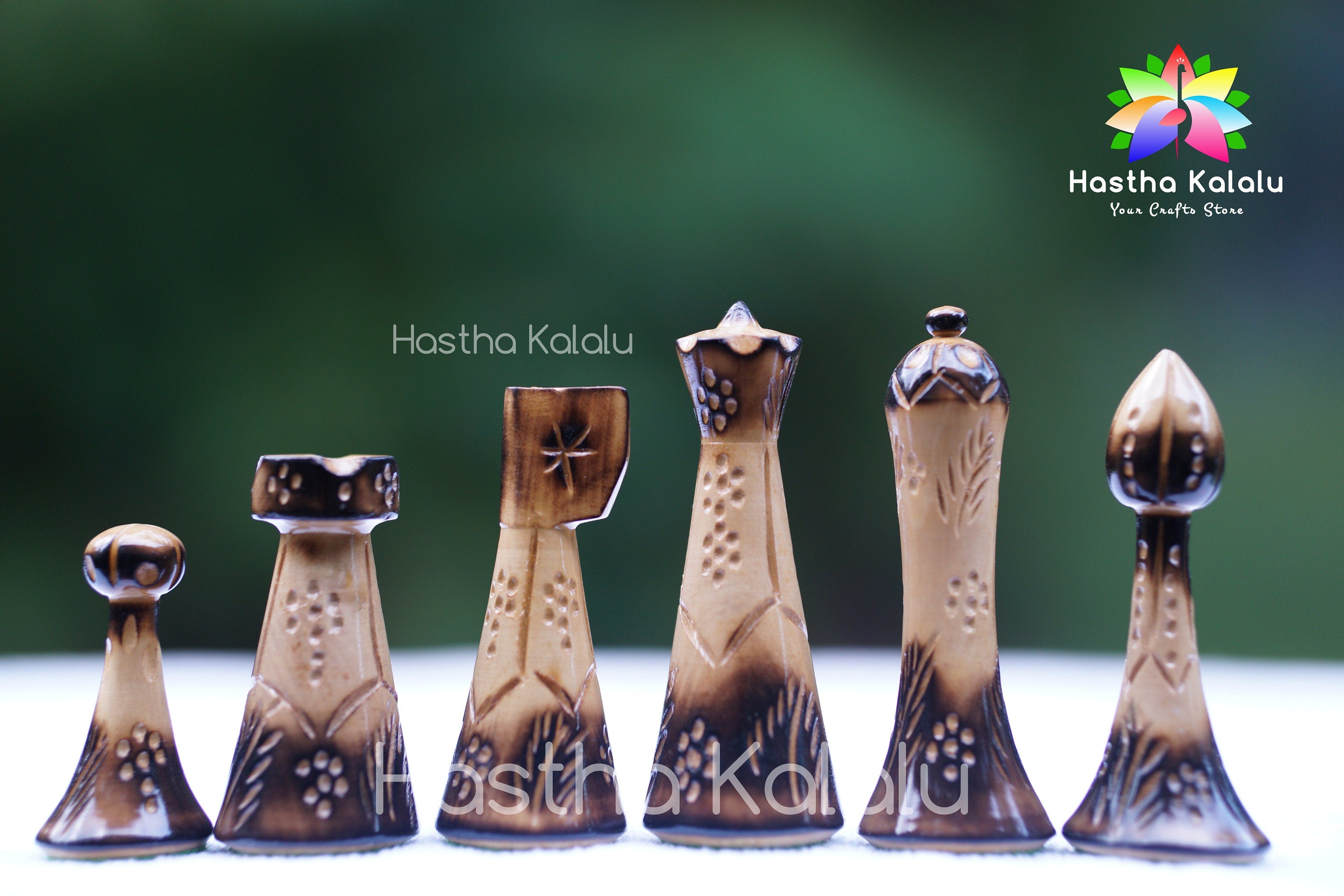 Reproduced Hermann Ohme Chess Pieces in Burnt, Carved Style with Boxwood, Weighted Chess Pieces Only Set