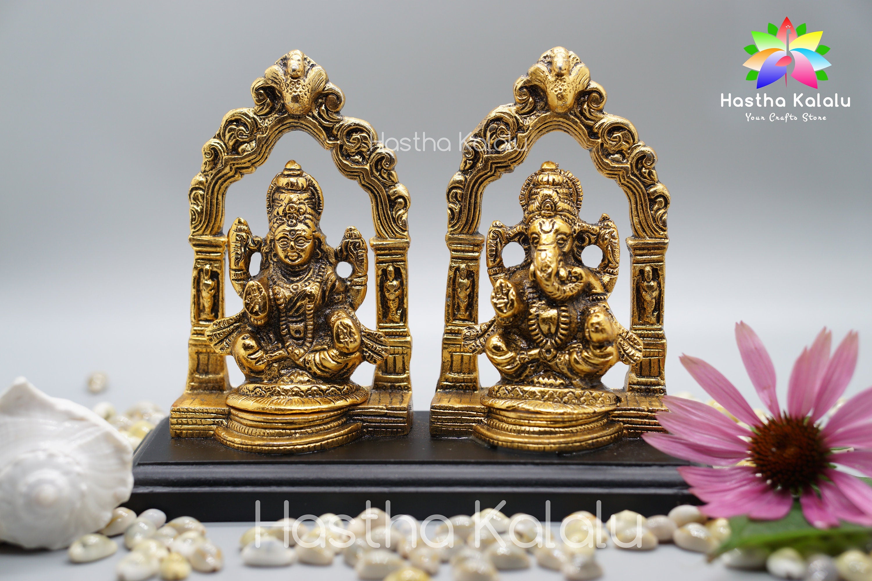 Laxmi Ganesh Idol I Golden Metal Statue of Goddess Laxmi and Lord Ganesha