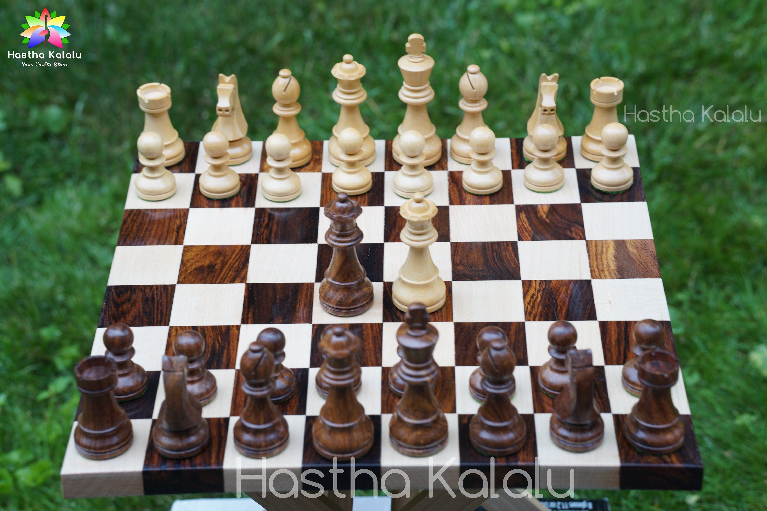 Double Sided Walnut Chess Board with Staunton/Tournament Series Rosewood, German Knight, King 3.75", Chess Set Combo