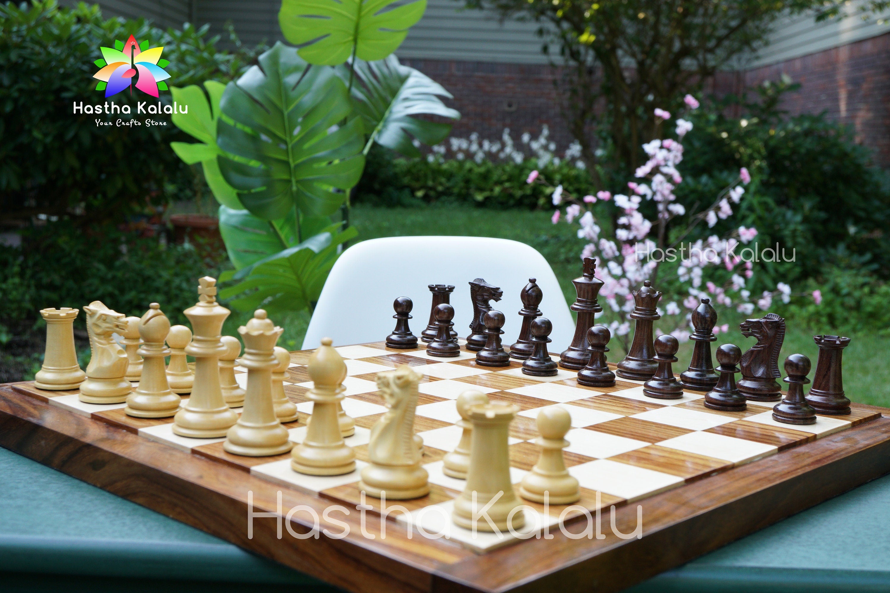 Combo Chess Set | Laughing Knight Staunton Series Leatherette Felted Rosewood Tournament Chessmen with Endgrain Board