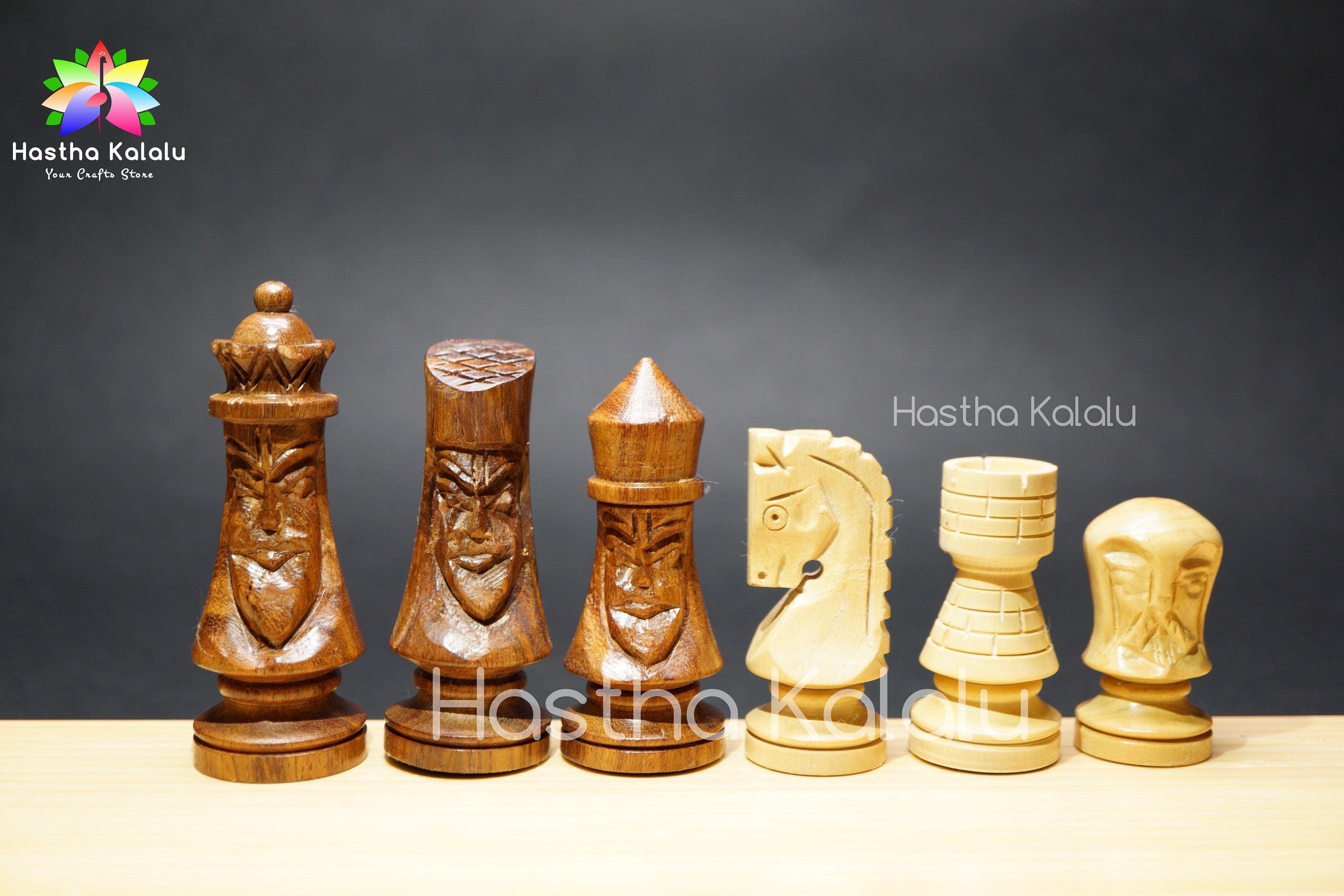 Chess Pieces w/ Carved Faces, Gothic Design Chess Set, Crescent Mannequin Japanese Series Medieval Design