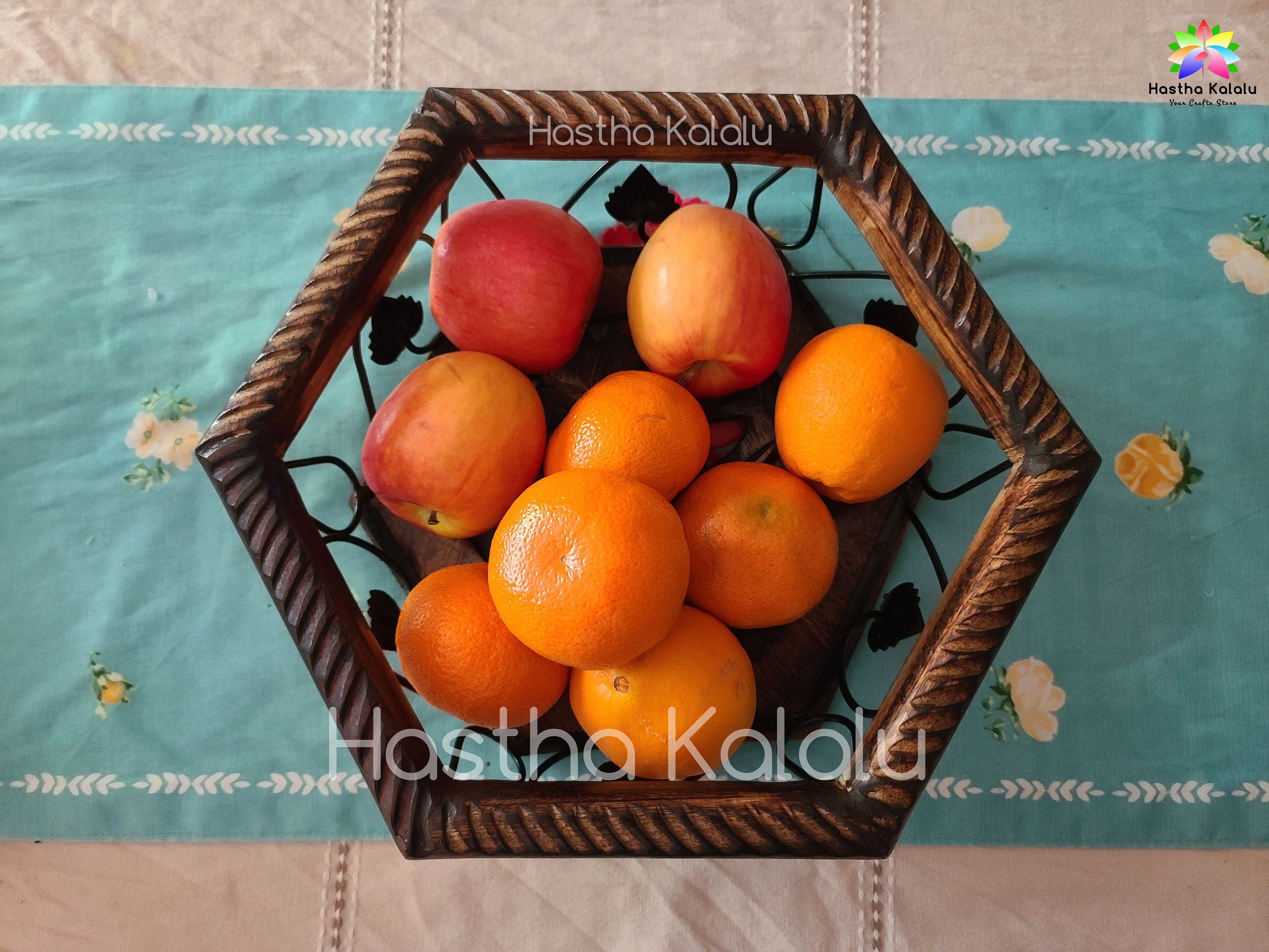 Hexagon shaped Handmade Wooden-Metallic 12 Inch Long Fruit Bowl/ Fruit Basket