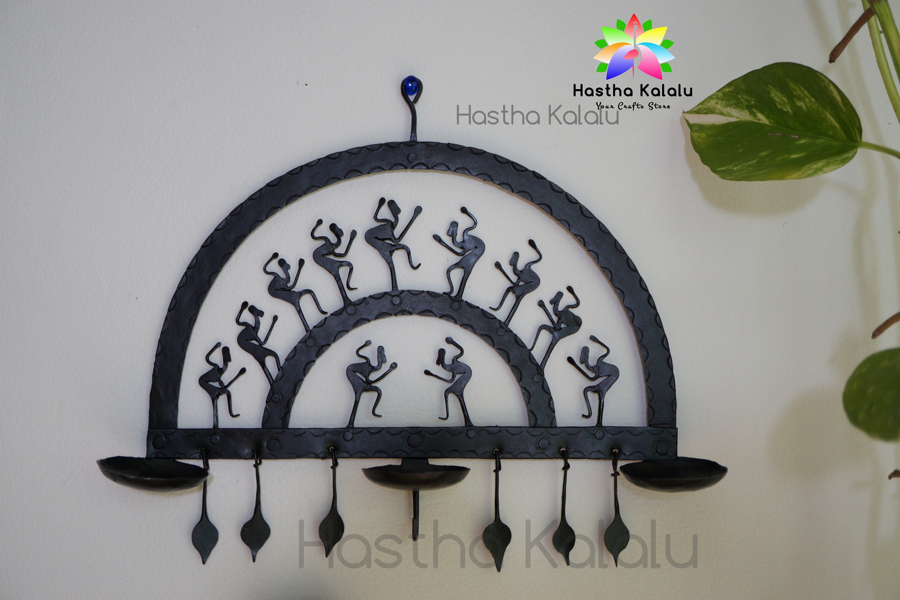 Wrought Iron Semi Circle Wall Hanging with 3 Candle Holders and 1 Key Chain Hanging Hook