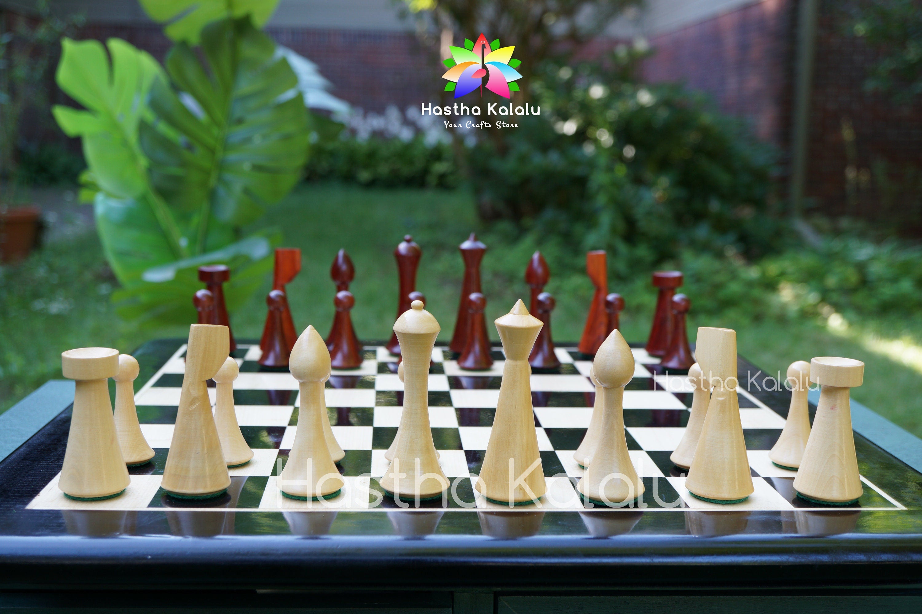 Minimalist Style Hermann Ohme Modern Chess set in Budrosewood and Boxwood King 3.75" With 19" Ebony Board