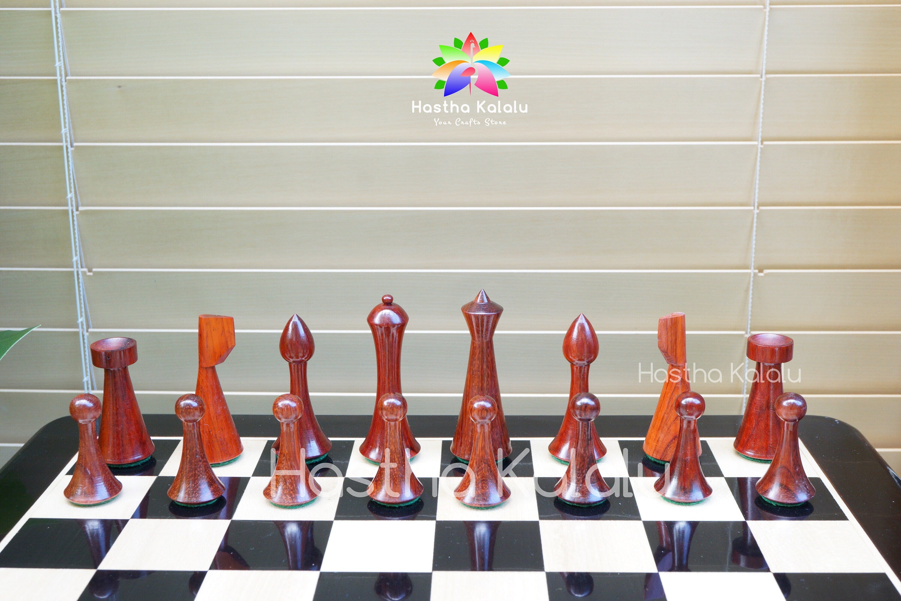 Minimalist Style Hermann Ohme Modern Chess set in Budrosewood and Boxwood King 3.75" With 19" Ebony Board