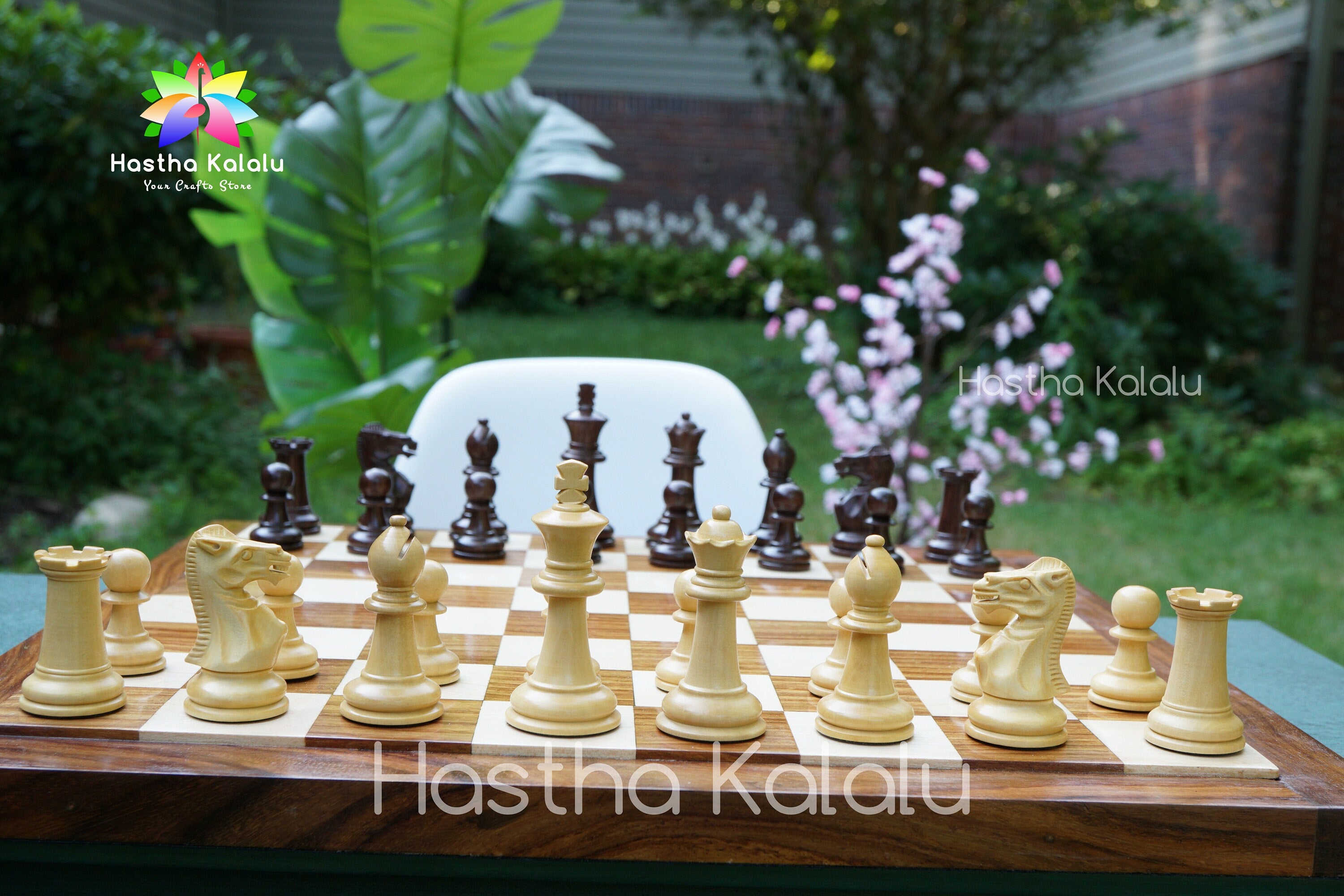 Combo Chess Set | Laughing Knight Staunton Series Leatherette Felted Rosewood Tournament Chessmen with Endgrain Board
