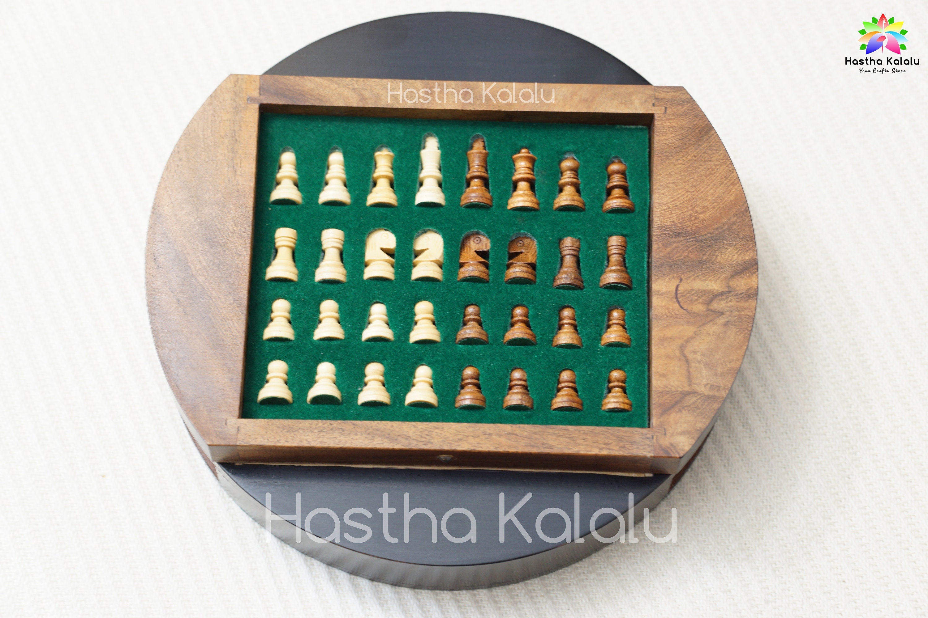 Magnetic Round Drawer Ebony Chess Board and Box Dia 9" with German Knight, Staunton Chess Pieces