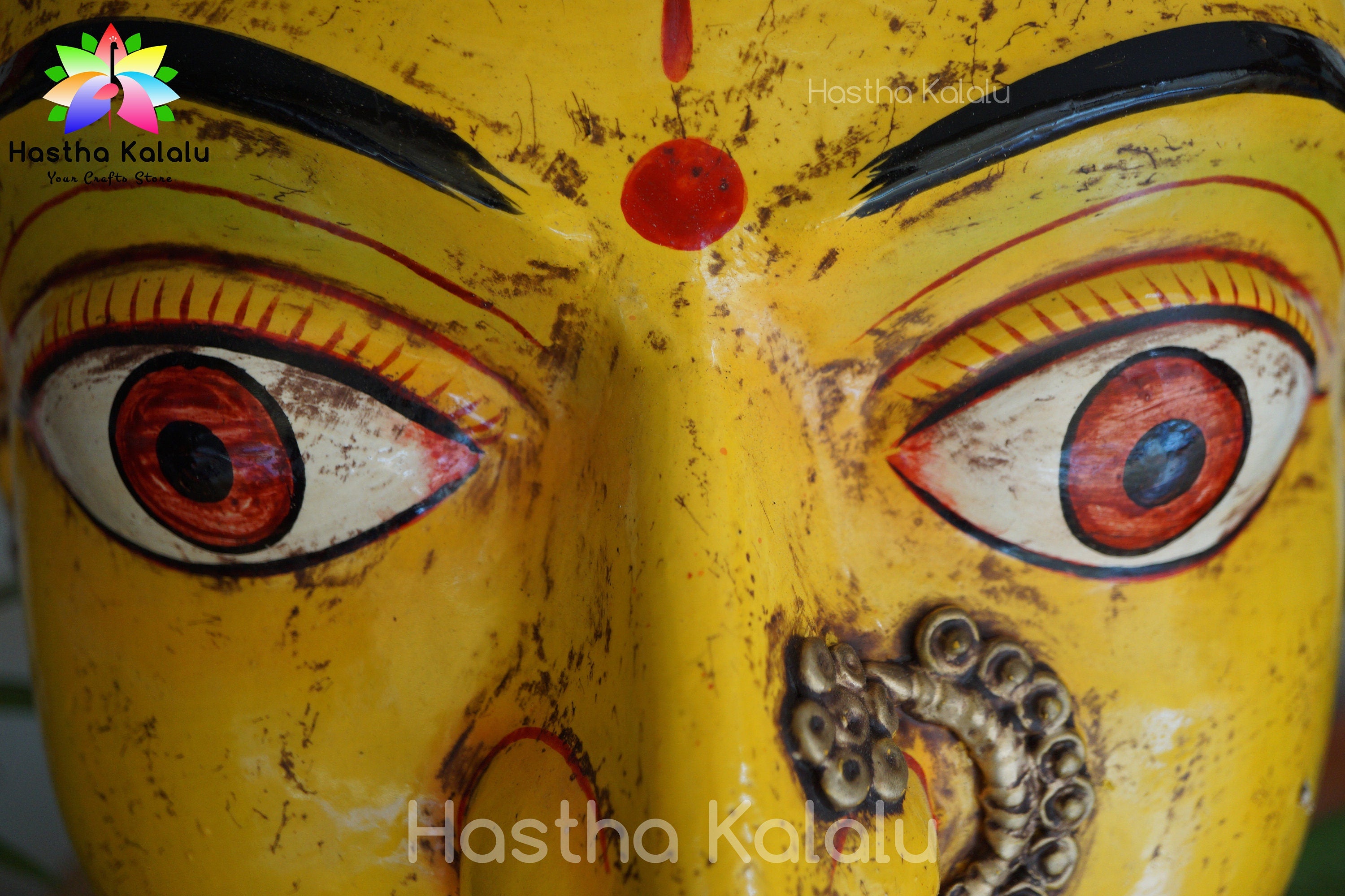 Handmade Wooden Yellow- Red Eyed Gauri Head Figurines