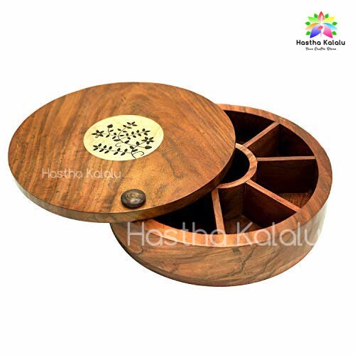 Sheesham Wood Floral Burnt Kitchen Decorative Masala Box/ Masala Dani Utility Spice Box Set (9 Partitions, Non Detachable)