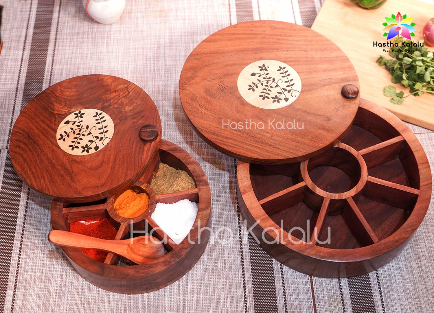 Sheesham Wood Floral Burnt Kitchen Decorative Masala Box/ Masala Dani Utility Spice Box Set (9 Partitions, Non Detachable)