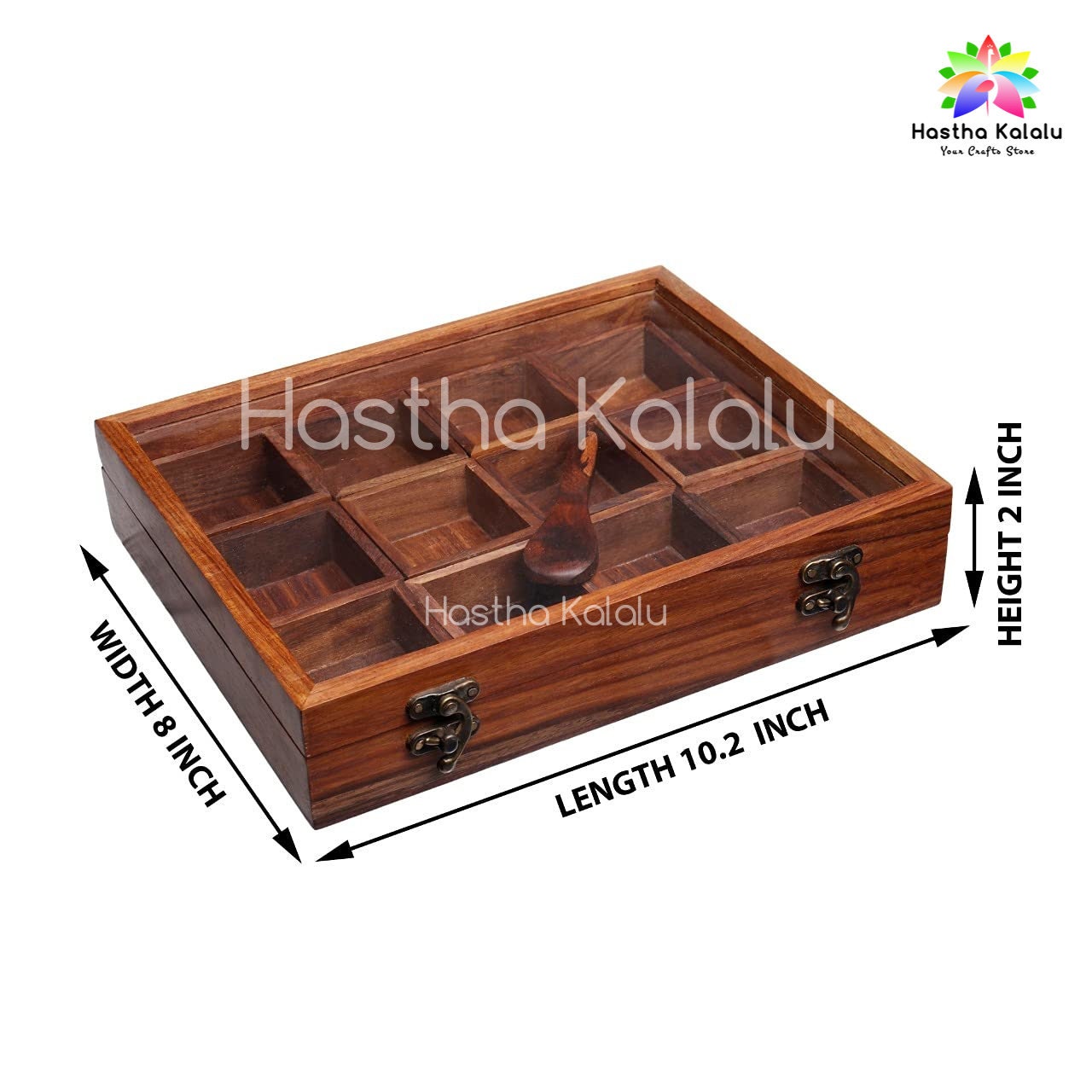 Wooden Table Top 12- Partitioned Spice Box & Spoon in Sheesham Wood Masala Spice Boxes