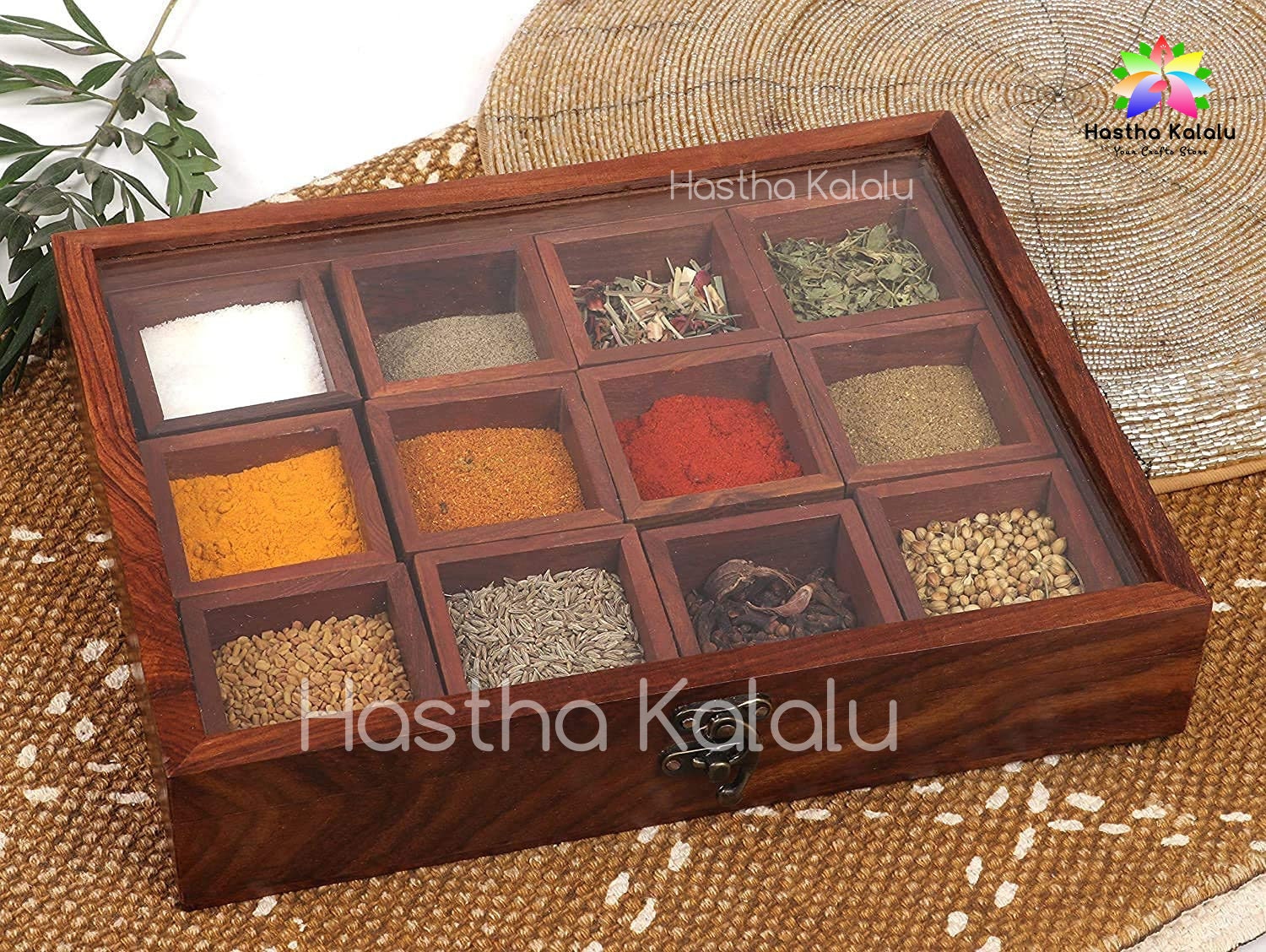 Wooden Table Top 12- Partitioned Spice Box & Spoon in Sheesham Wood Masala Spice Boxes