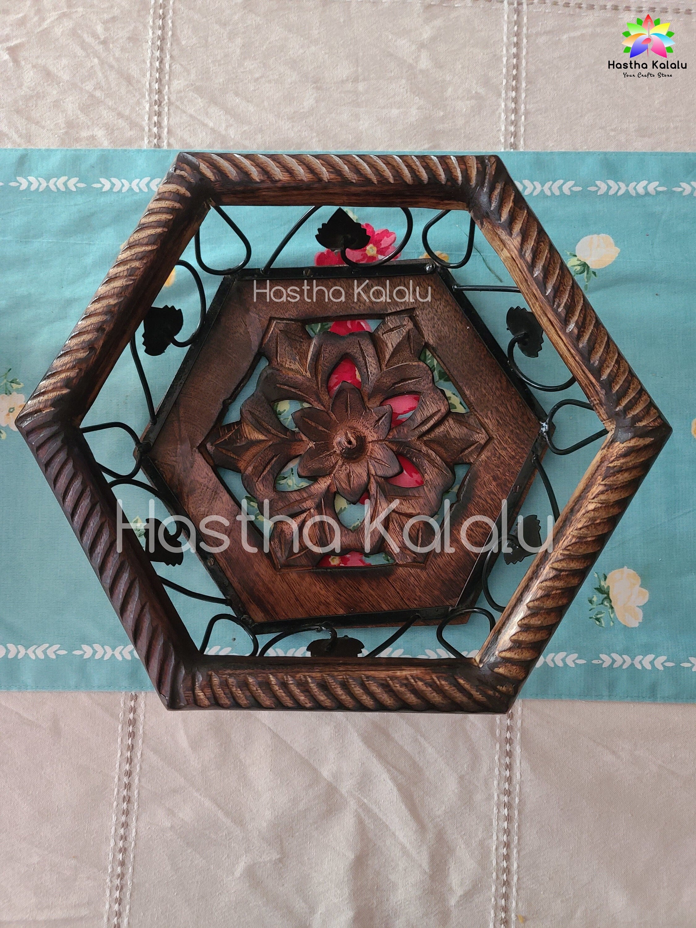 Hexagon shaped Handmade Wooden-Metallic 12 Inch Long Fruit Bowl/ Fruit Basket