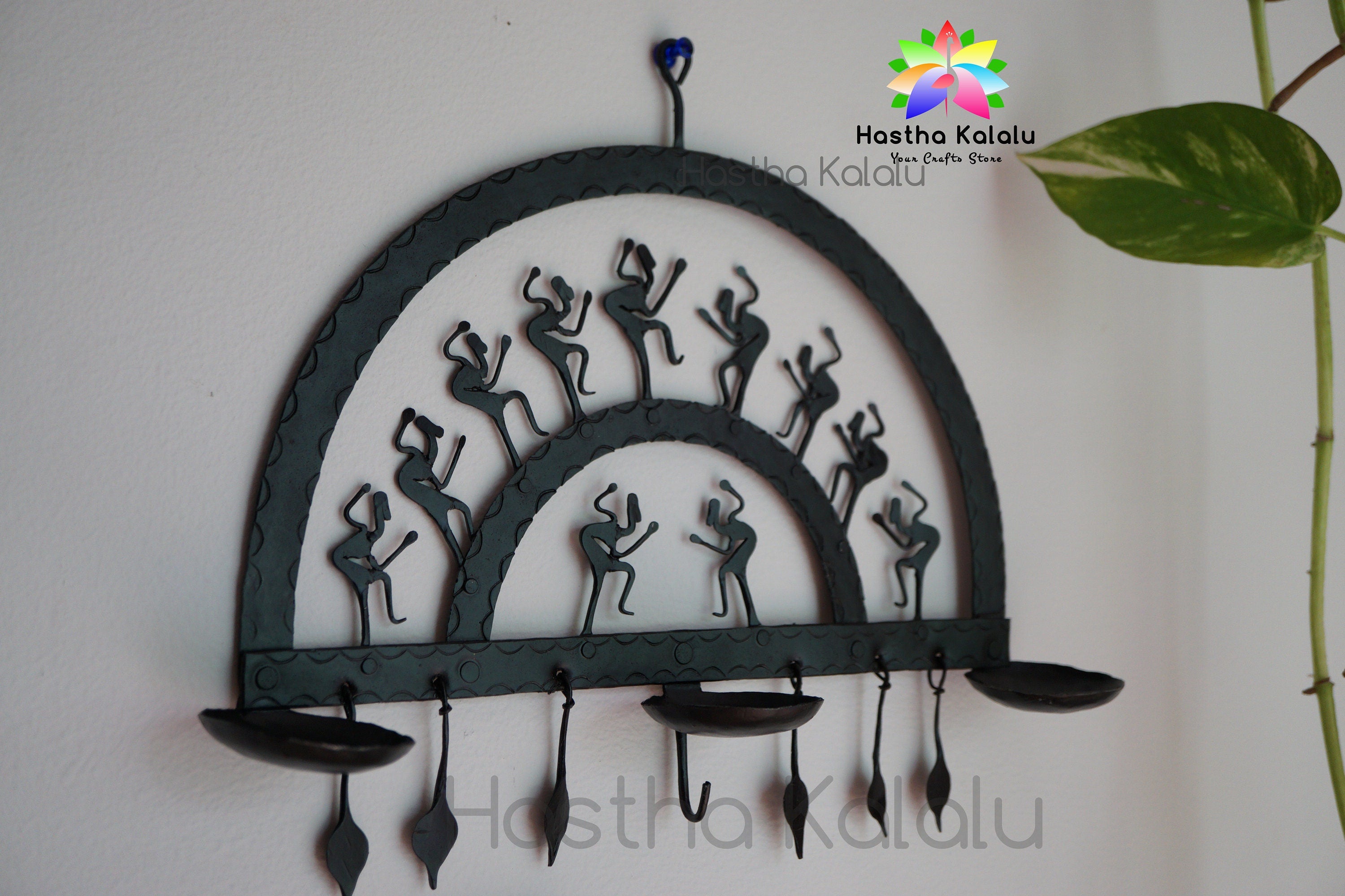 Wrought Iron Semi Circle Wall Hanging with 3 Candle Holders and 1 Key Chain Hanging Hook