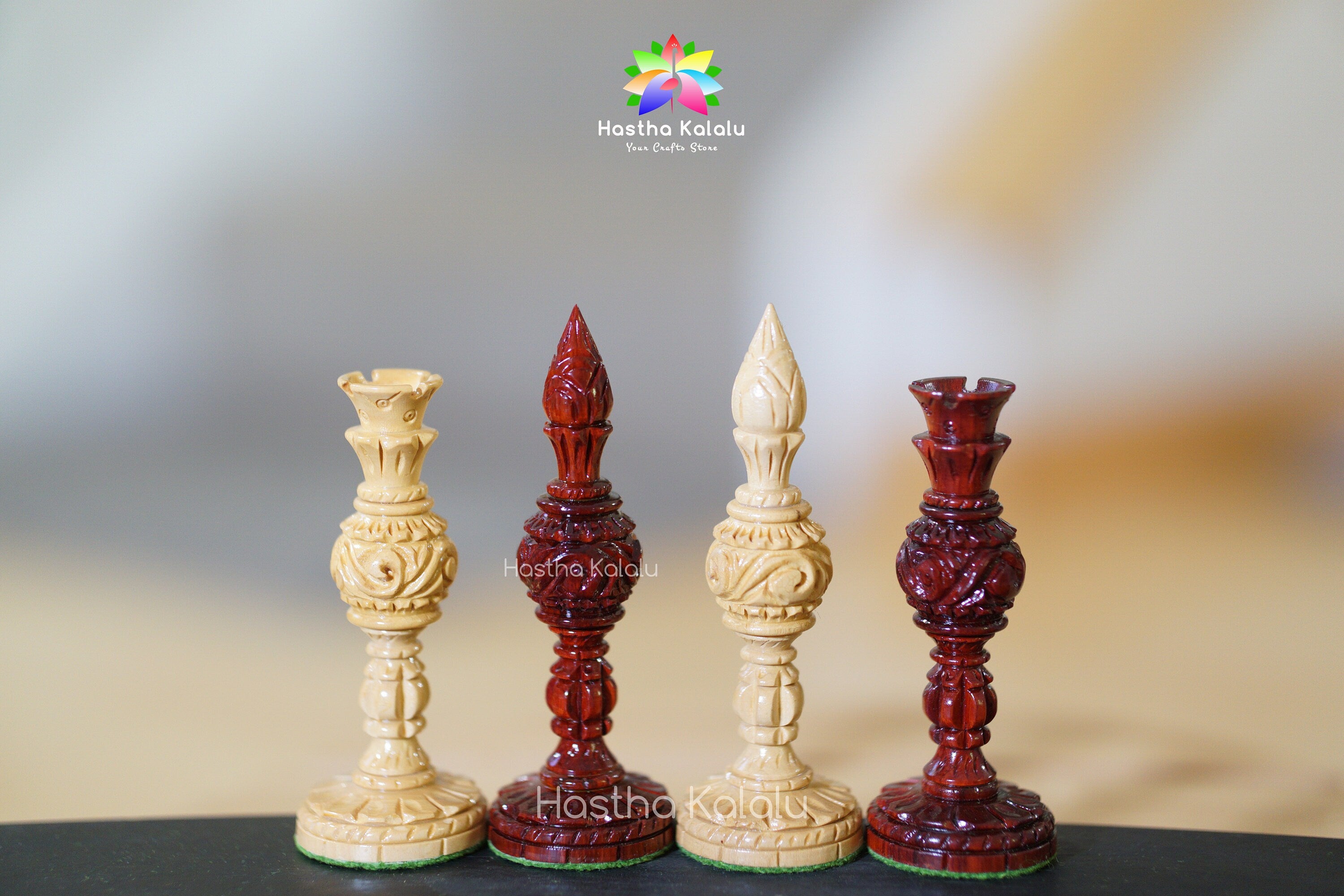 Hand carved and Lacqured Lotus Ruby Chess Pieces King 5.5" Padauk