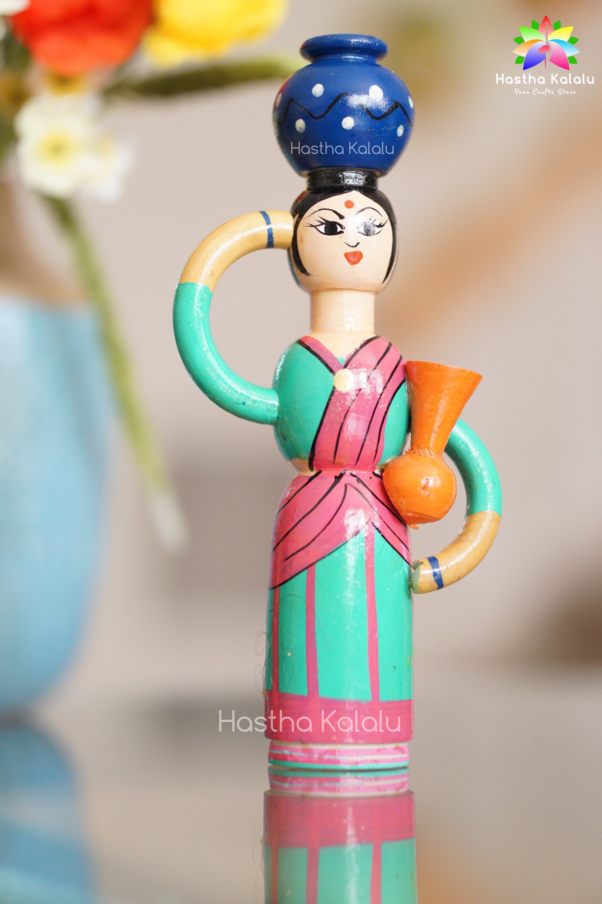 Handmade 4 Inch Tall Lady carrying Pots and Pitcher