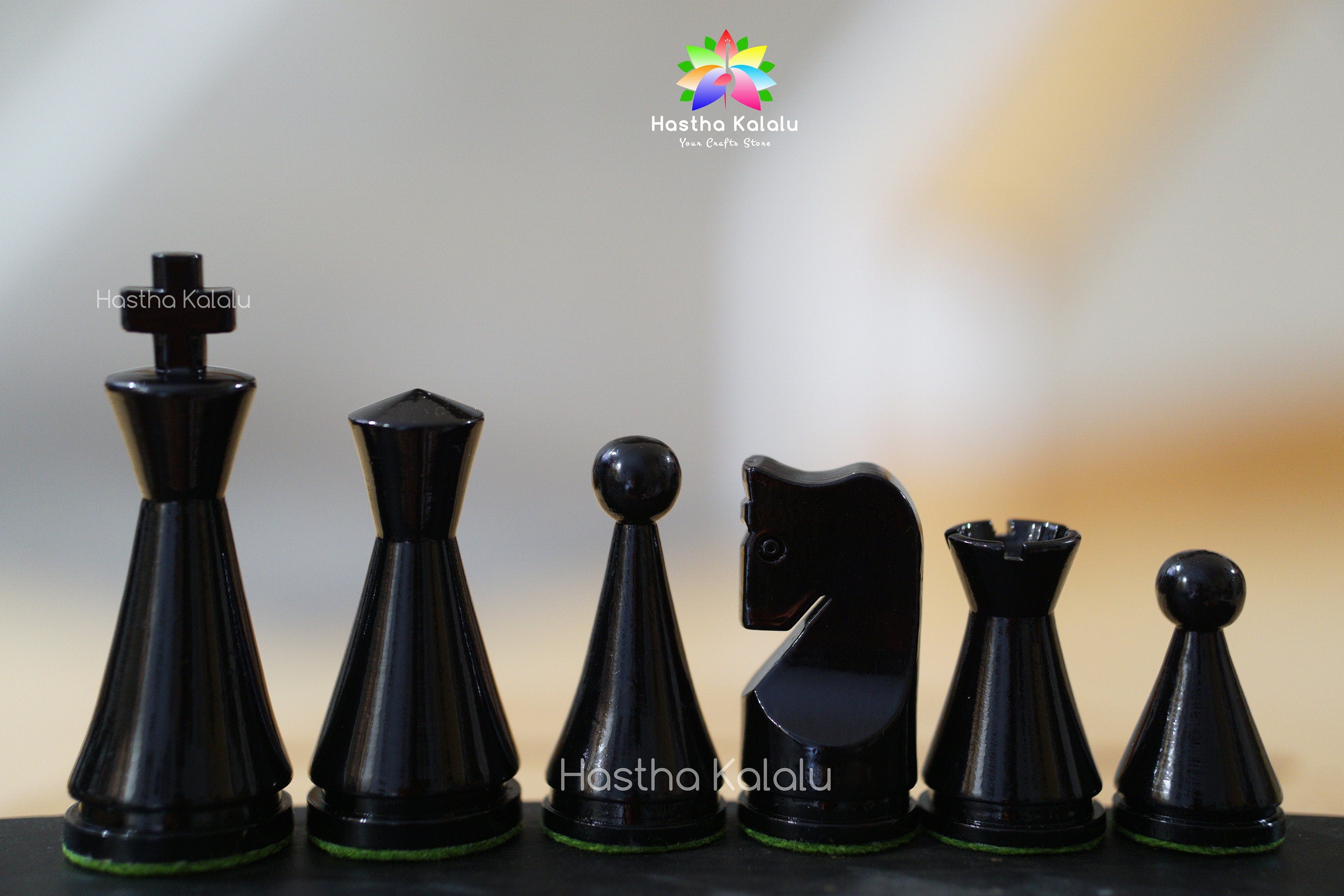 Painted Russian Poni Minimal design Chess Pieces,  4"  King Weighted