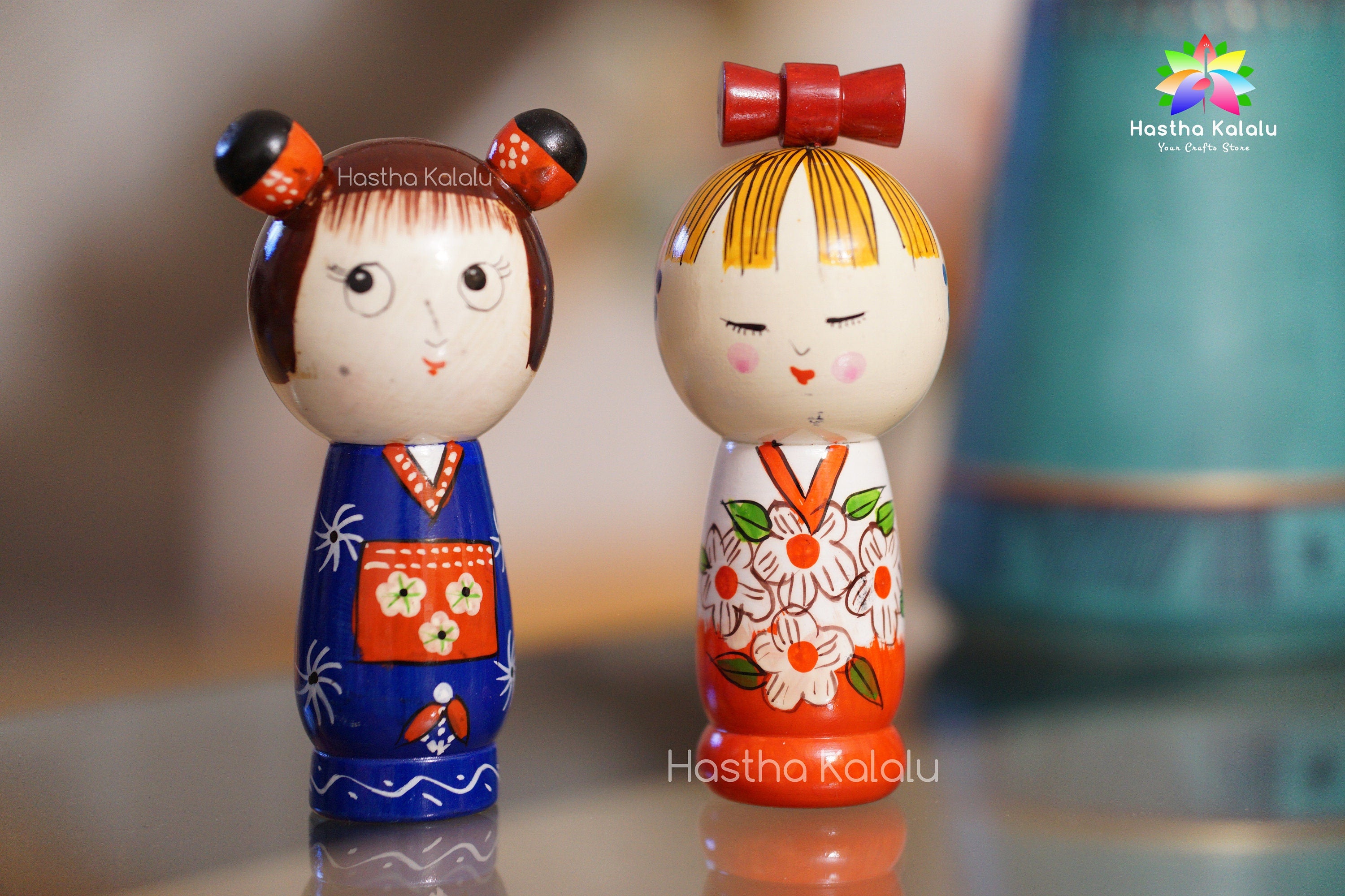 Paire de poupées Kokeshi I Poupées en bois de 6 pouces faites à la main