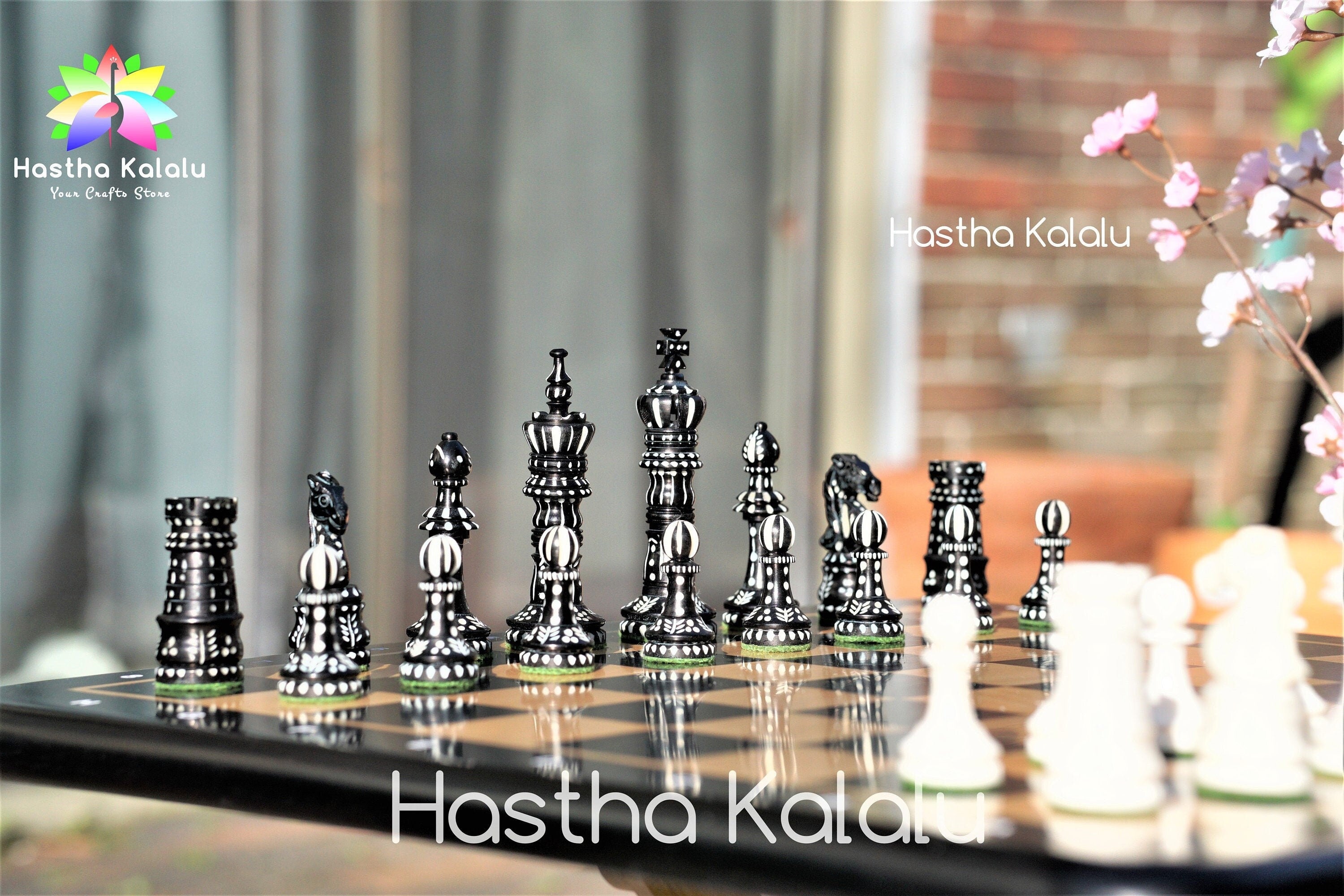 Combo Chess Set Hand Carved King Cross Staunton in Camel Bone Chess Set King 4"