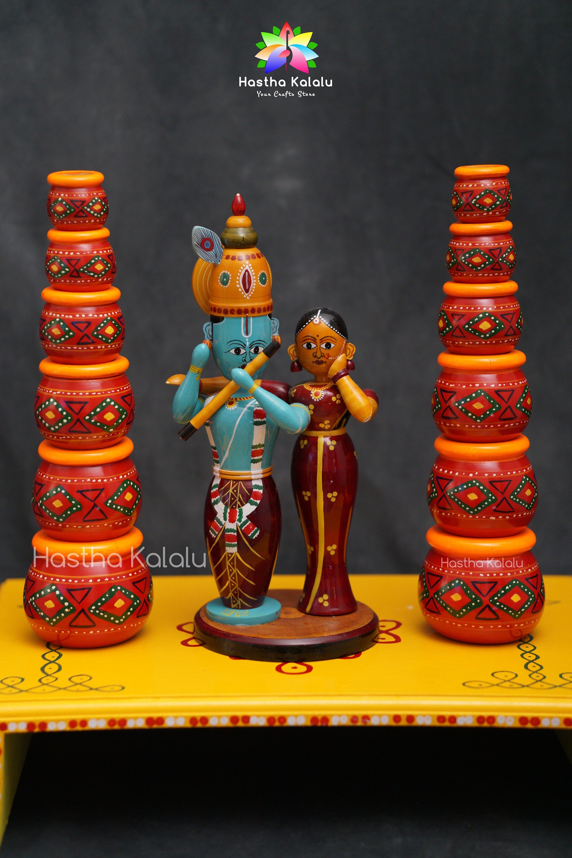 Handmade Wooden Pile of Pots With Rangoli Painted Wooden Chowki