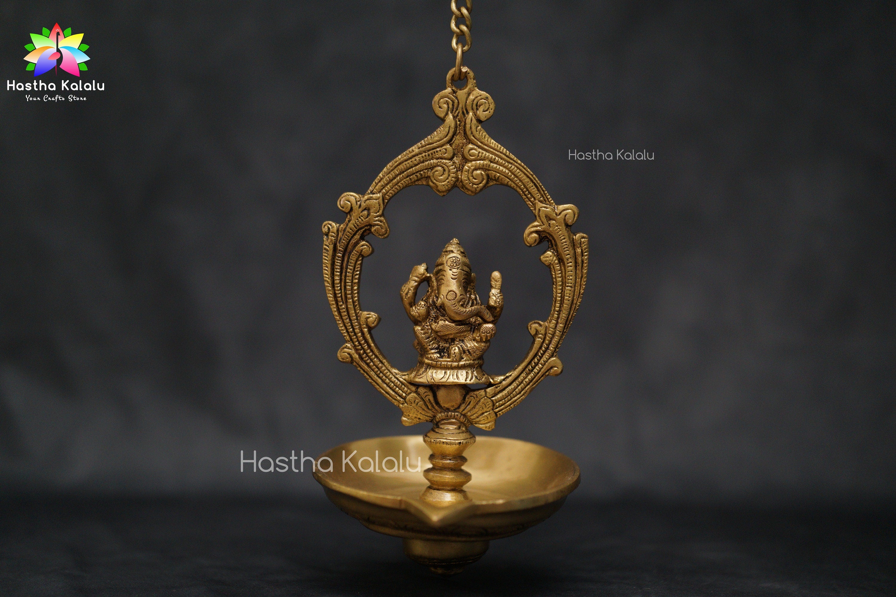 Hanging Ganapathi Oil Lamp Deepak Yellow Antique Finish