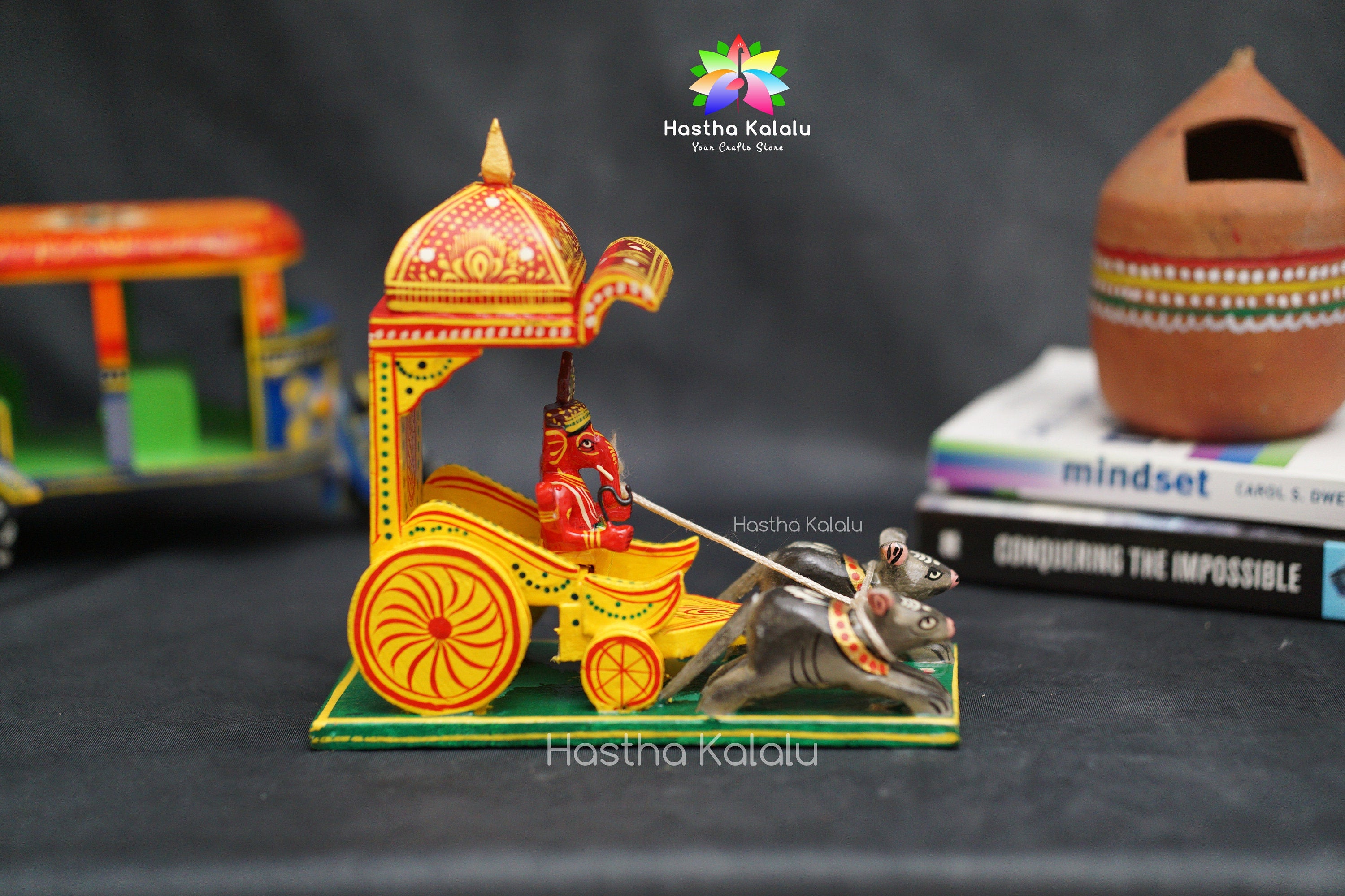Hand-painted Wooden Ganesh Ratham | Ganesha on Mushika Chariot