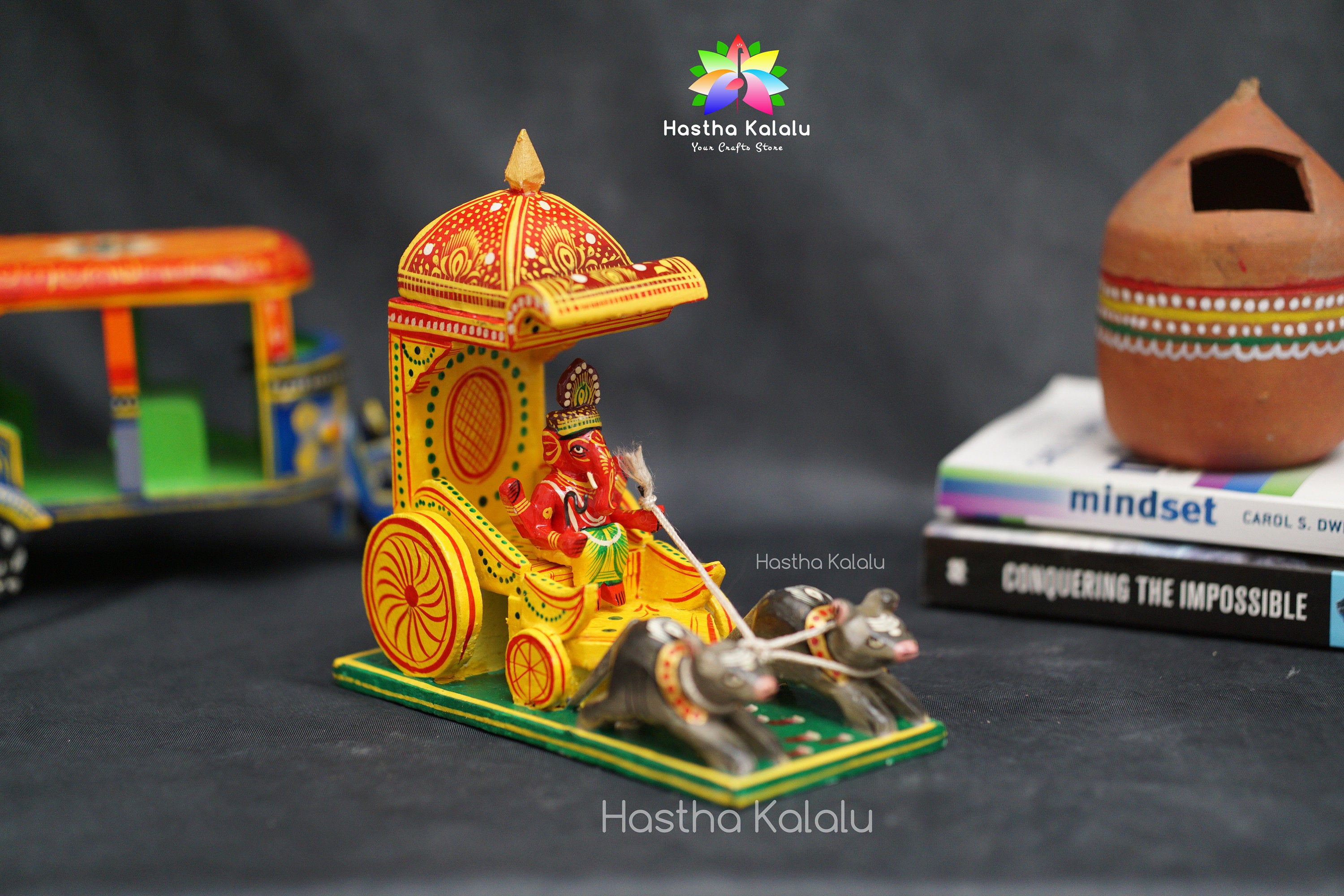 Ganesh Ratham en bois peint à la main | Ganesha sur le char Mushika