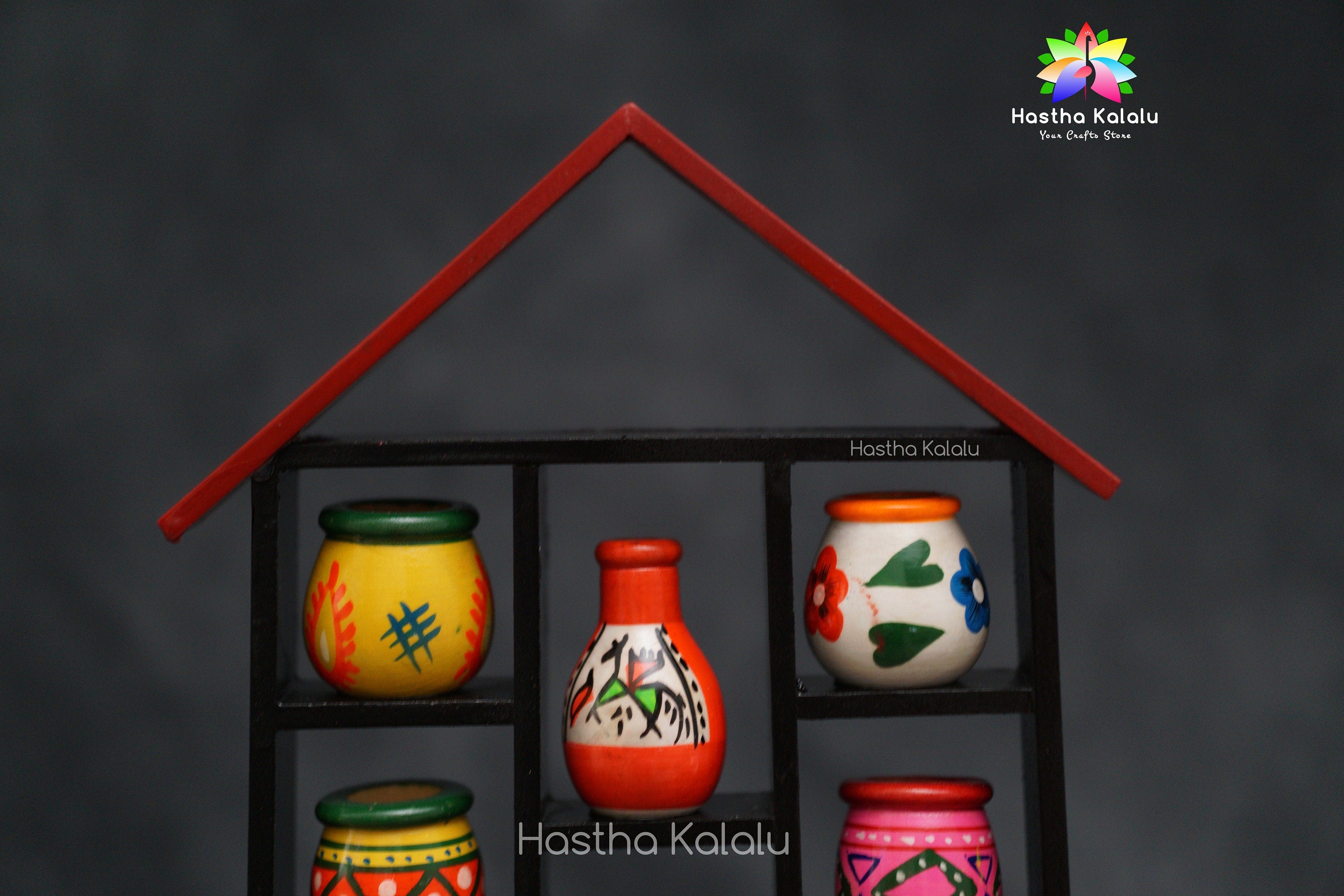 Wooden Wall Hanging with Handpainted Tribal Style Pots