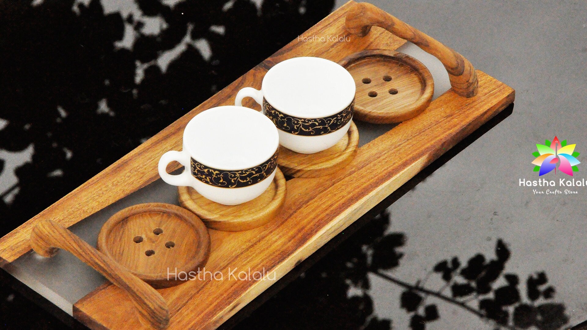 Teakwood Resin Serving Tray with Handle
