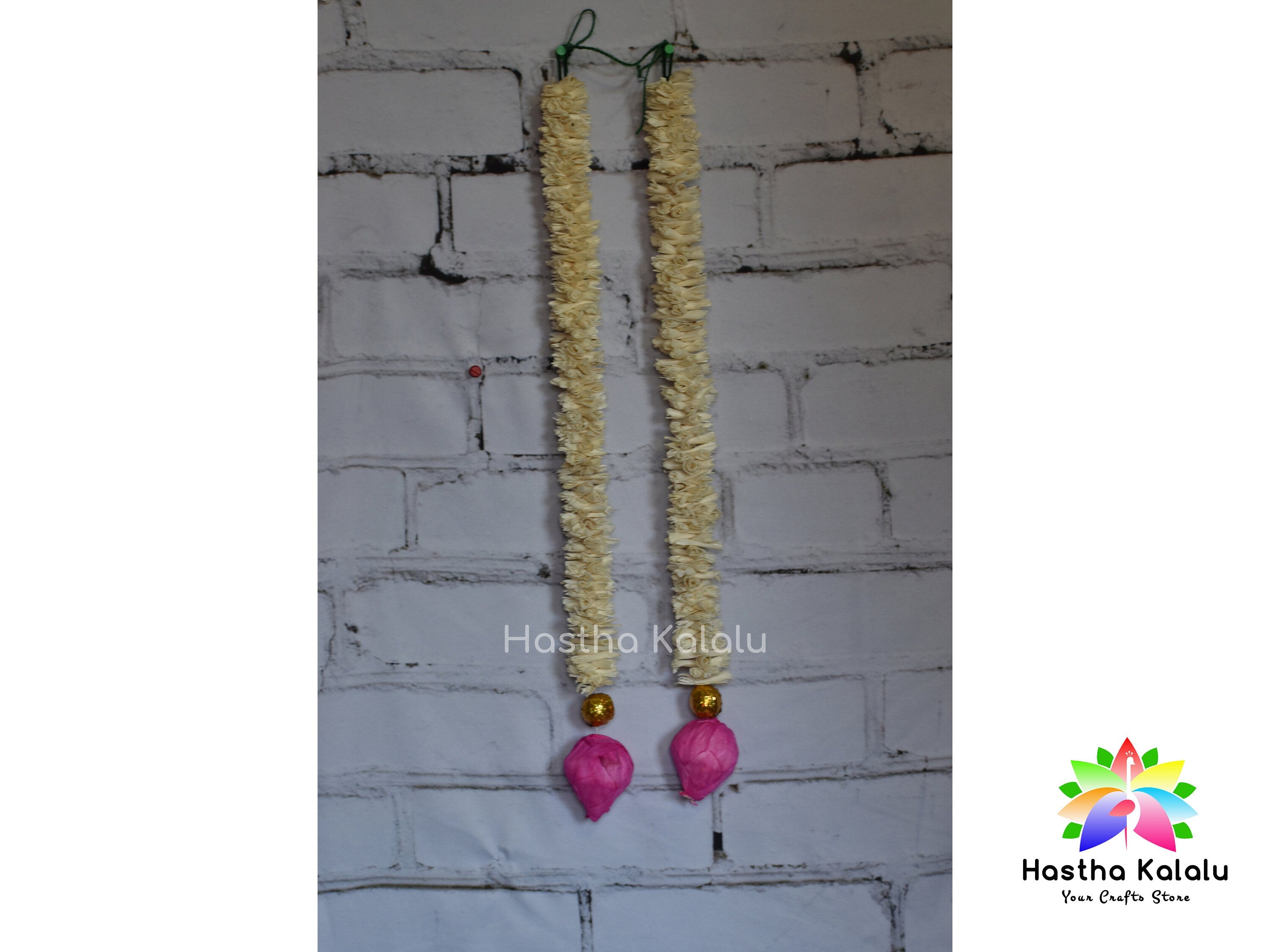 Pair of 1.5 ft Shola Wood White with Pink Lotus Bud Hangings