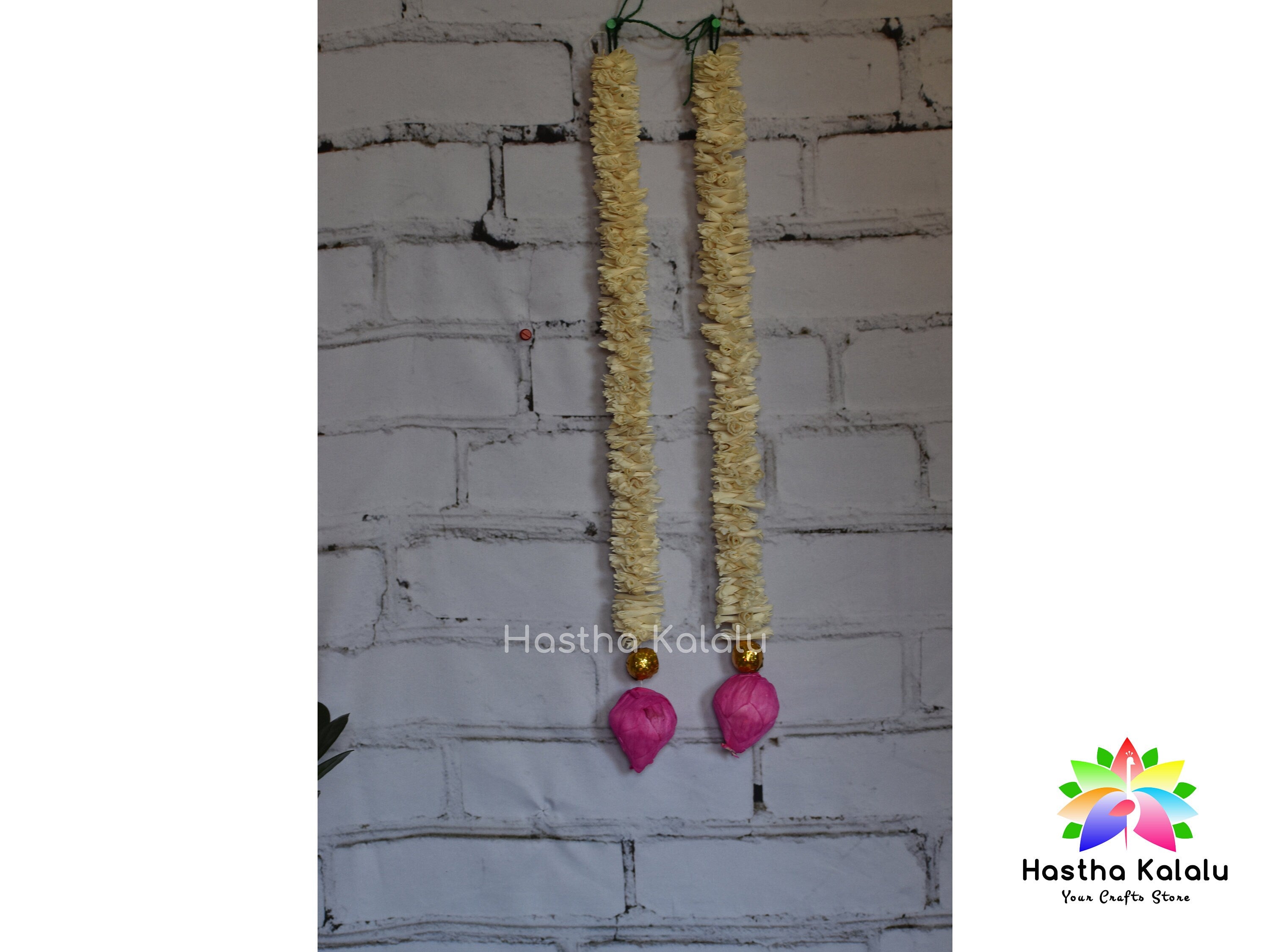 Pair of 1.5 ft Shola Wood White with Pink Lotus Bud Hangings