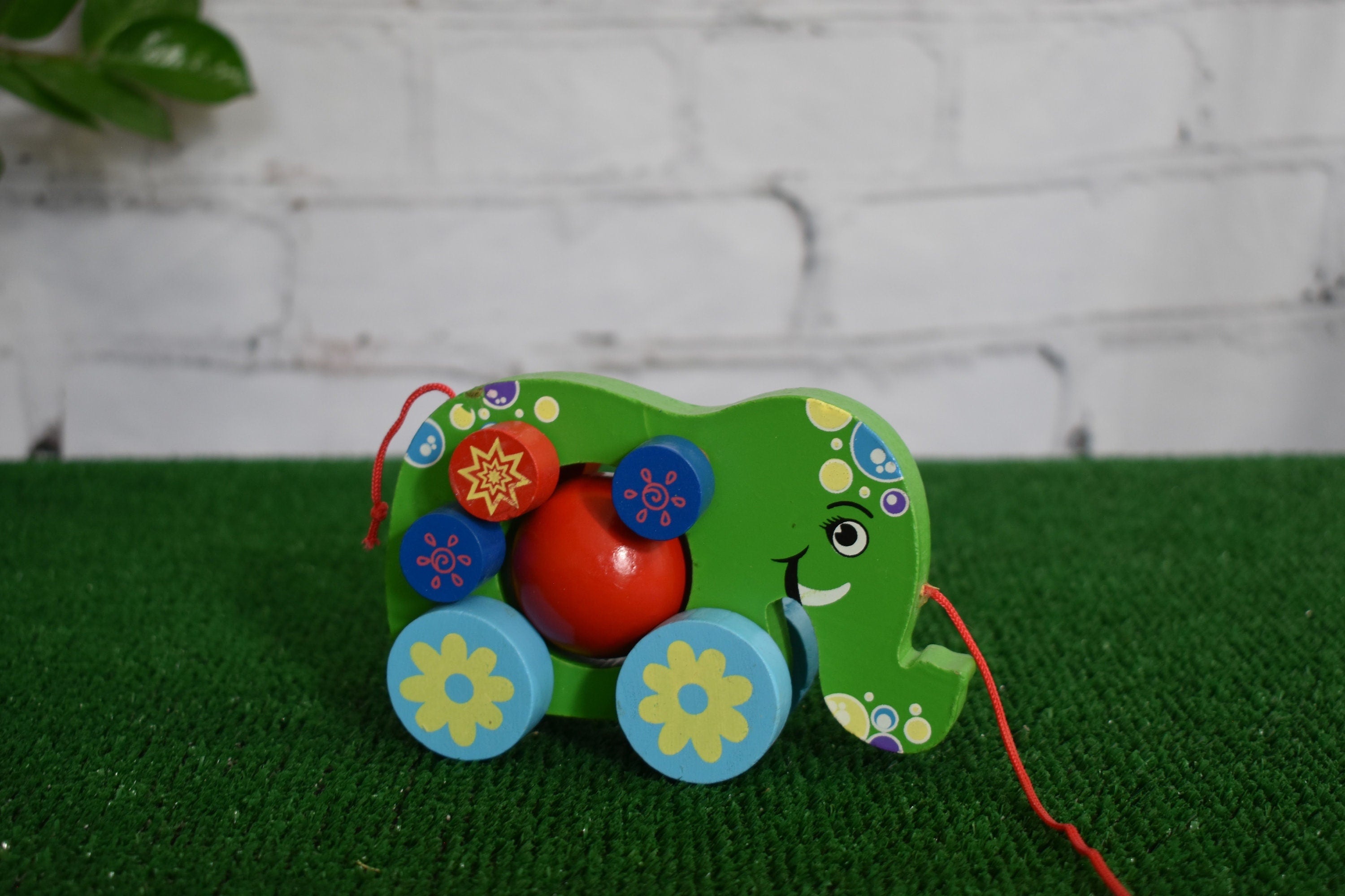 Child-Safe Artistic Handmade Elephant on wheels Ball and string Toddler Wooden Pull Toy / Toddler Gift / Return Gifts