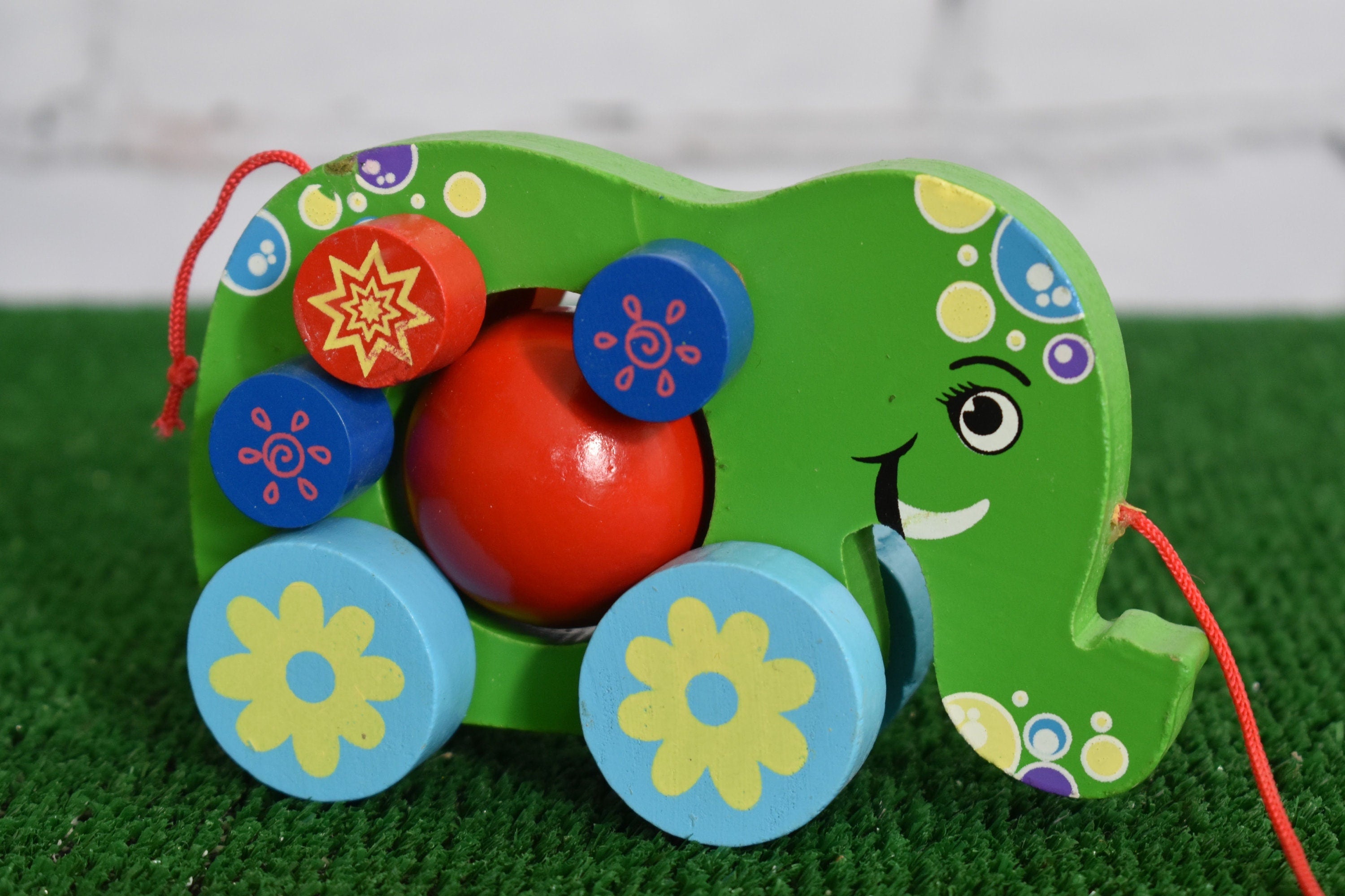 Child-Safe Artistic Handmade Elephant on wheels Ball and string Toddler Wooden Pull Toy