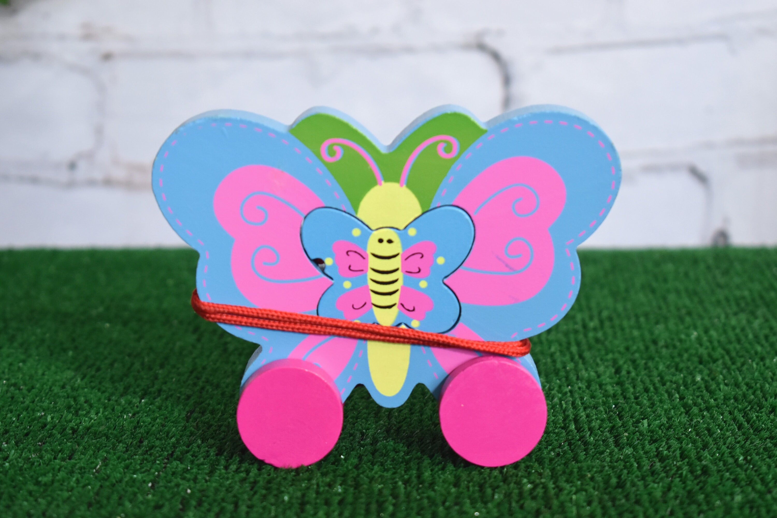 Child-Safe Artistic Handmade Butterfly and Frog shaped Toddler Wooden Pull Toy / Toddler Gift