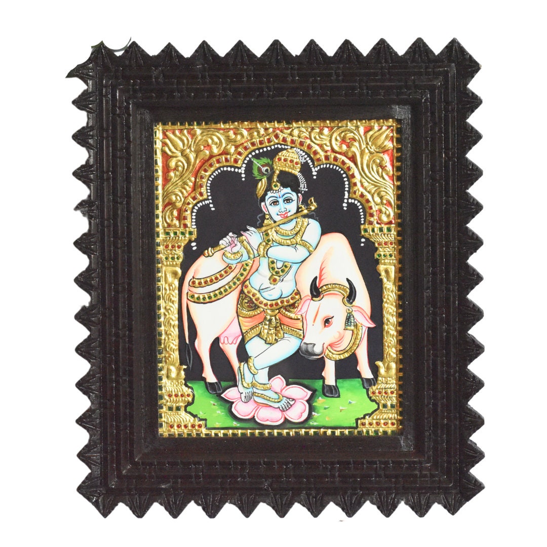 Semi Embossed Lord Shri Krishna with Tanjore Painting with Frame, Teak Wood Frame, Pooja Room Decor