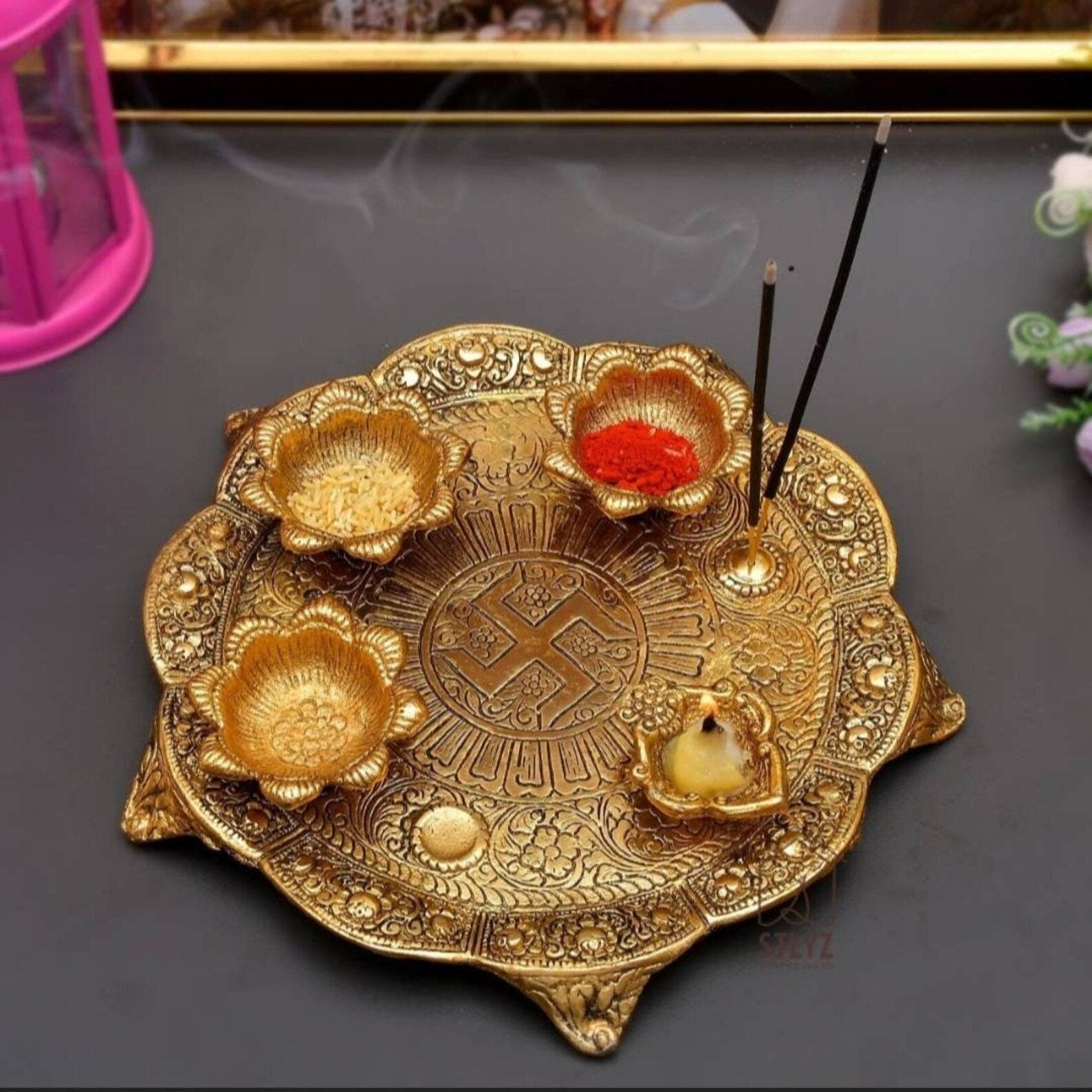 Pooja thali with diya gold plated for home and office temple and pooja room-metal
